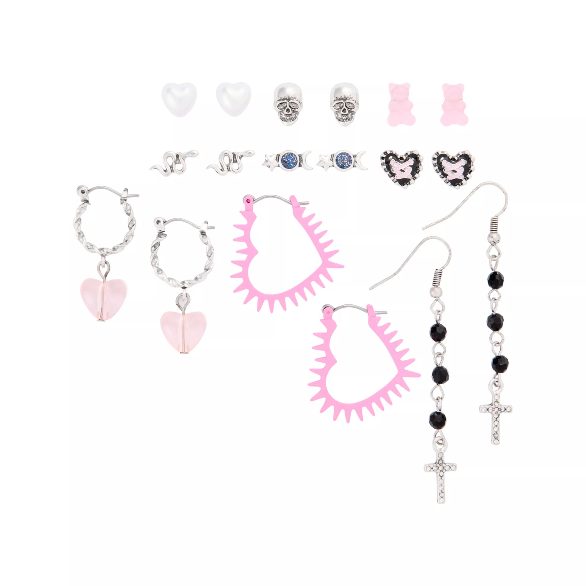 Multi-Pack Black and Pink Spike Heart Skull Earrings - 9 Pair
