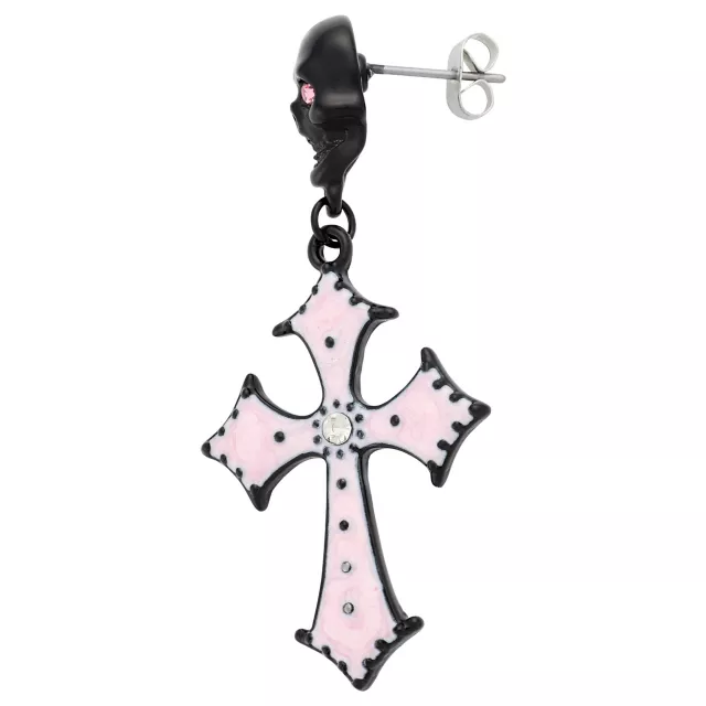 Black and Pink Skull Cross Dangle Earrings at Spencer's