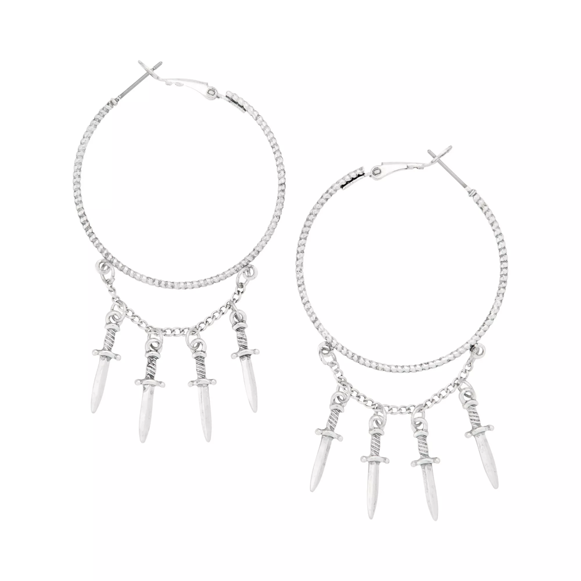Dagger Dangle Chain Silver-Tone Hoop Earrings