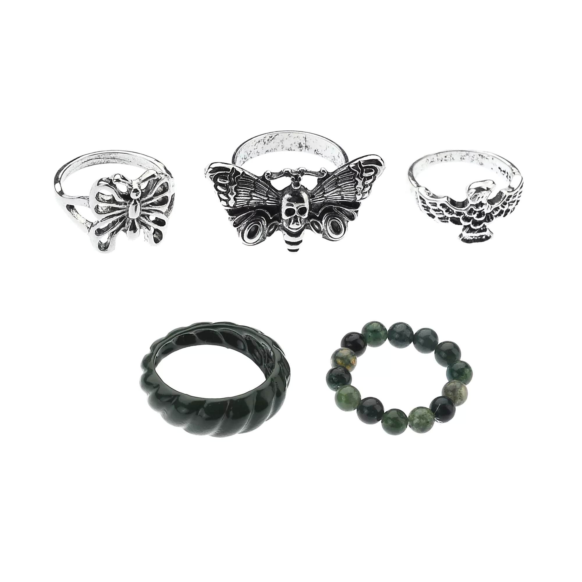 Multi-Pack Moth Green and Silver-Tone Rings - 5 Pack