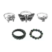 Multi-Pack Moth Green and Silver-Tone Rings - 5 Pack at Spencer's