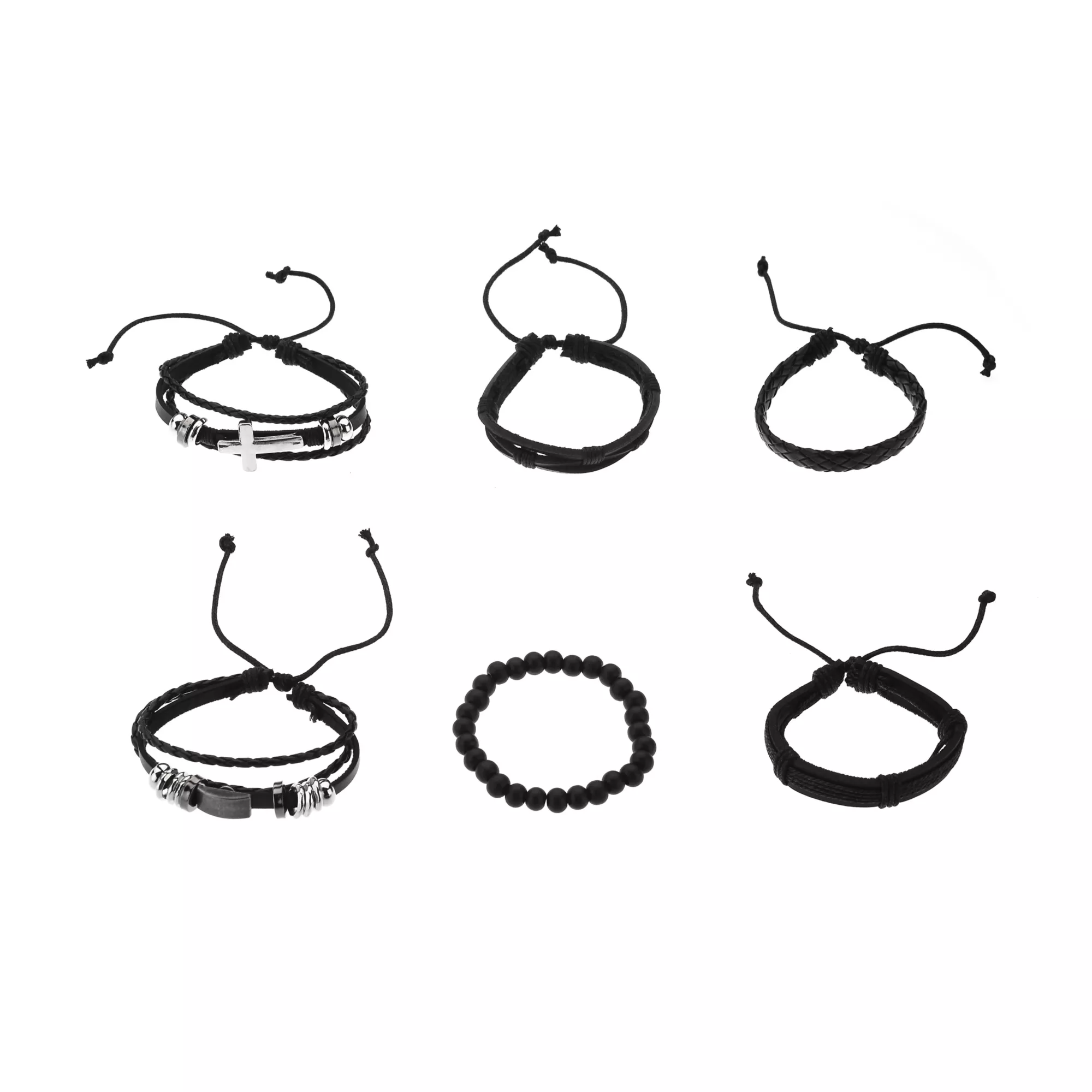 Multi-Pack Black Cross and Beaded Cord Bracelets - 6 Pack