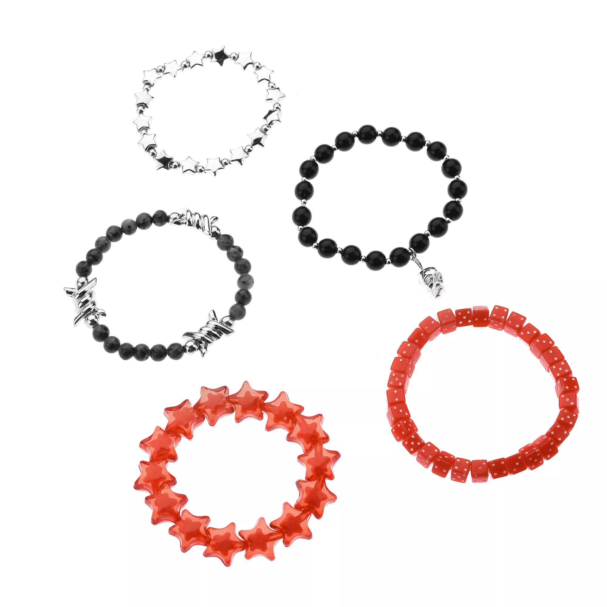 Multi-Pack Black and Red Star Dice and Barbed Wire Bracelets - 5 Pack