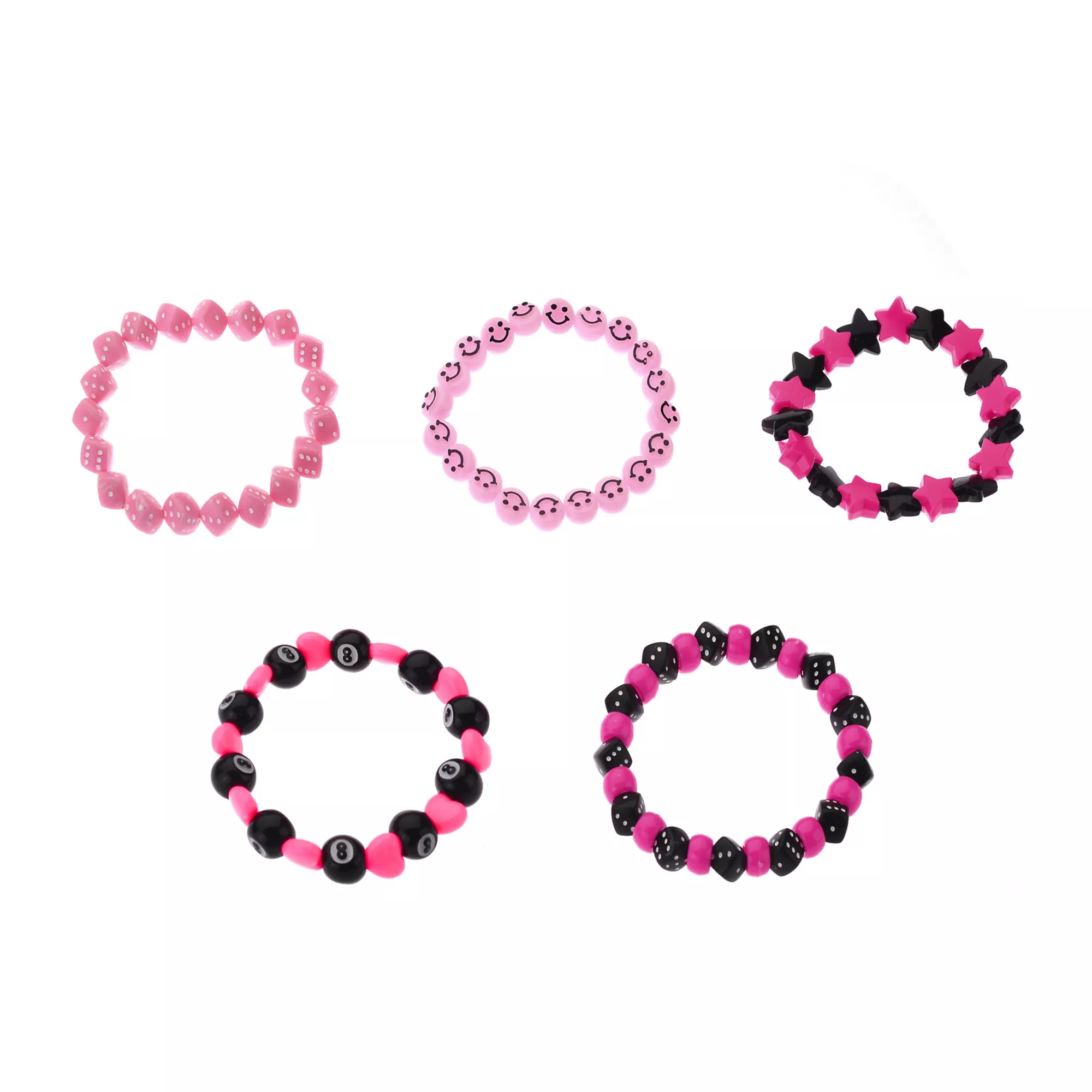 Multi-Pack Black and Pink Star Dice Smiley Face Beaded Bracelets - 5 Pack