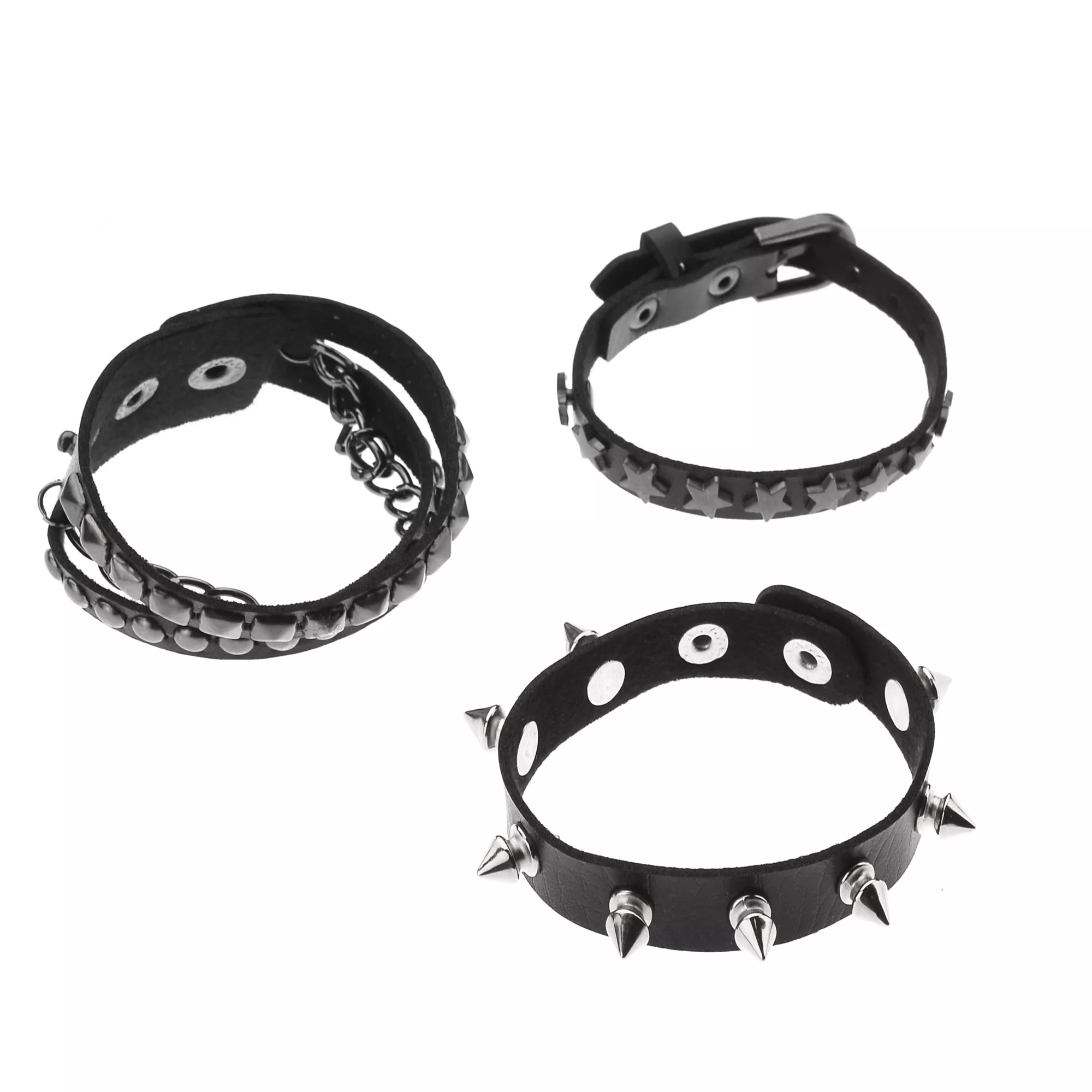 Multi-Pack Black and Silver-Tone Star Studded and Spiked Cuff Bracelets - 3 Pack