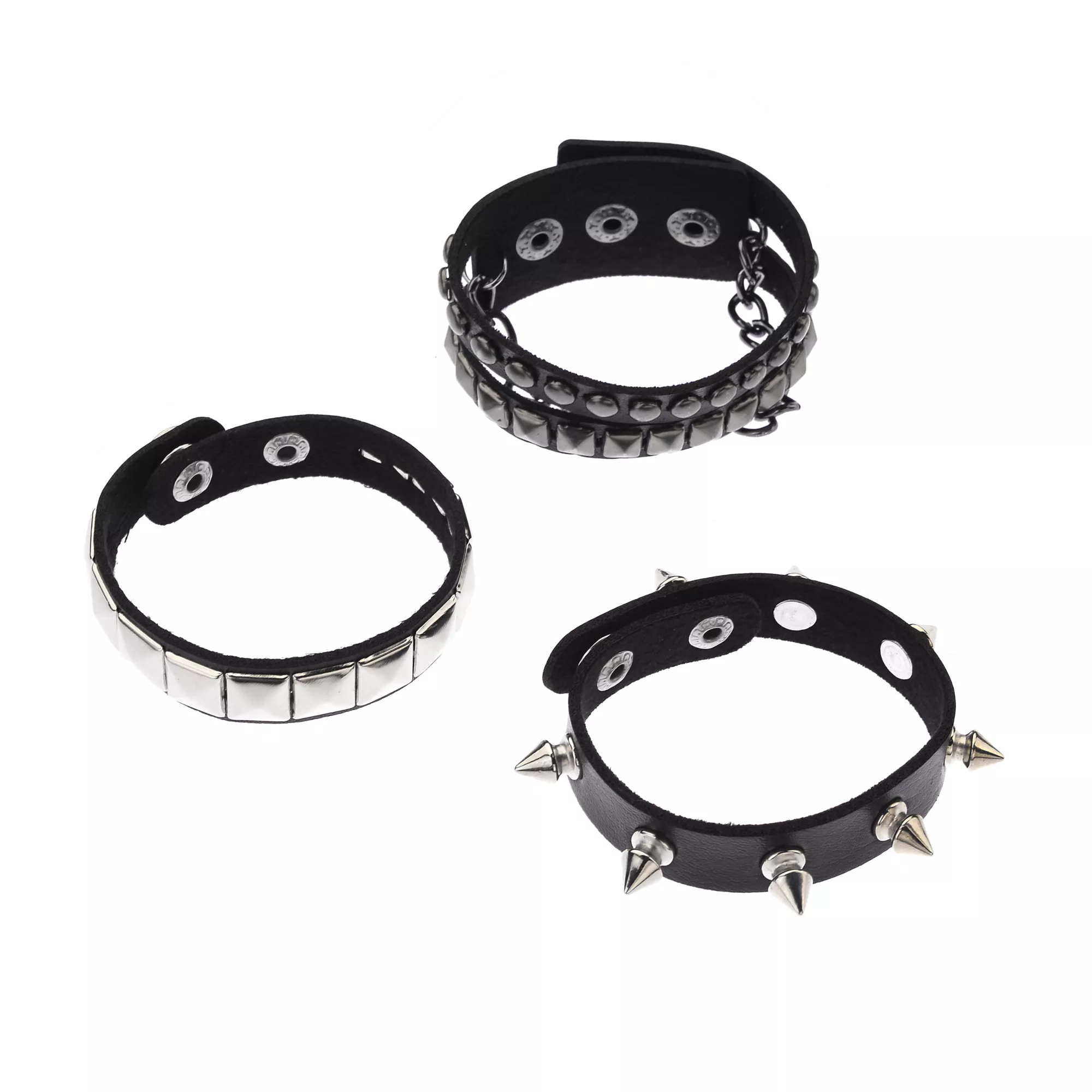 Multi-Pack Black and Silver Studded and Spiked Cuff Bracelets - 3 Pack