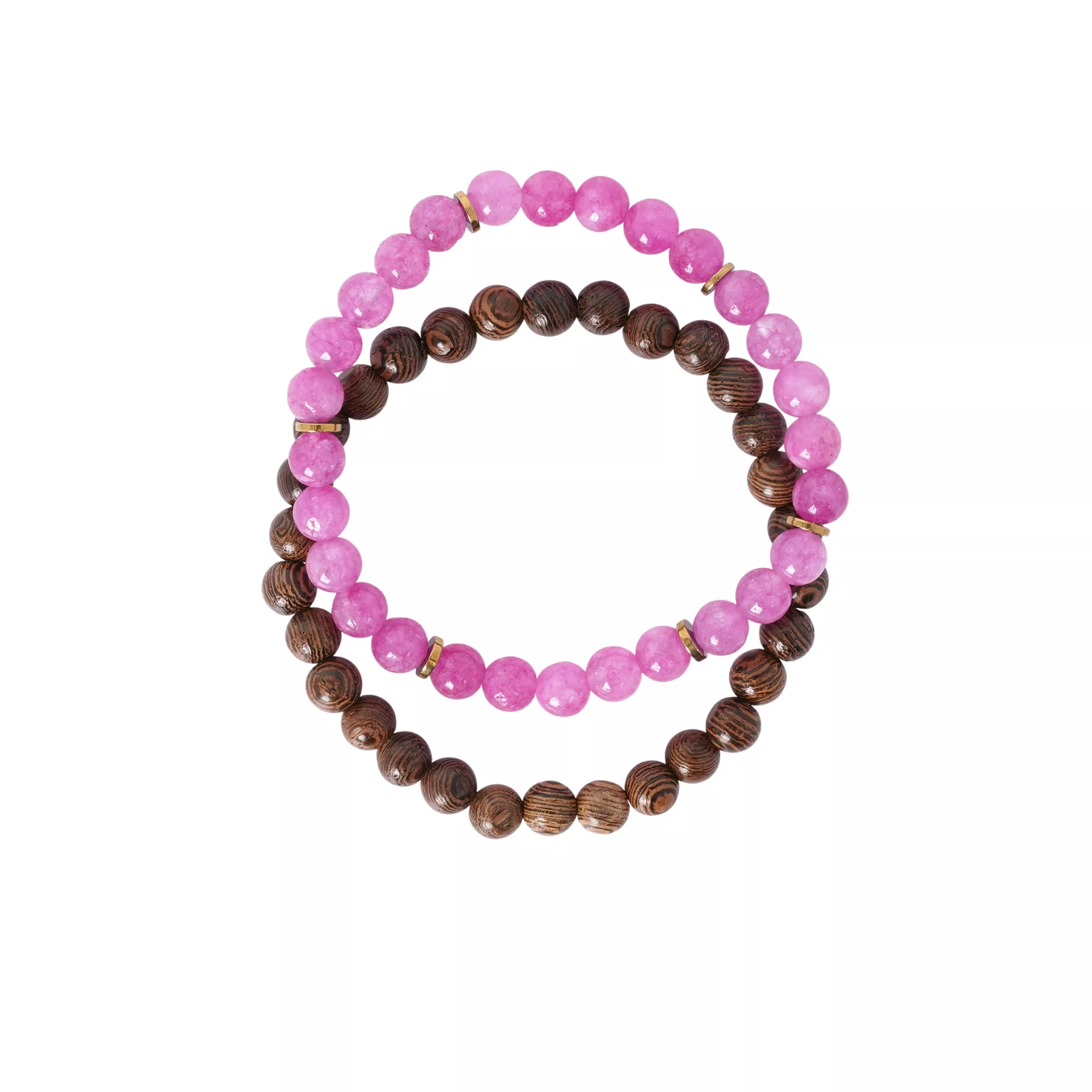 Multi-Pack Pink Agate and Wood Beaded Bracelets - 2 Pack