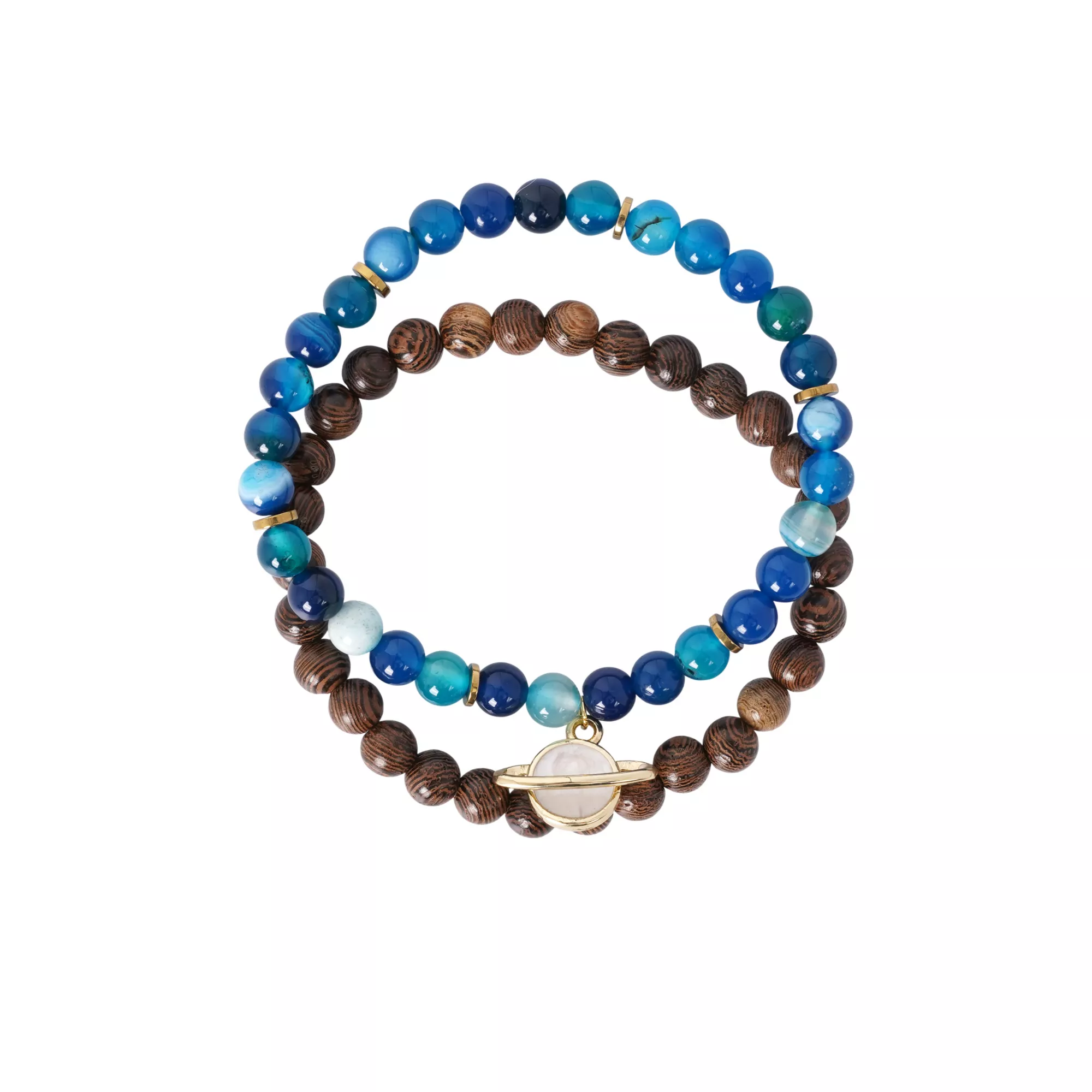 Multi-Pack Blue Agate and Wood Beaded Bracelets - 2 Pack
