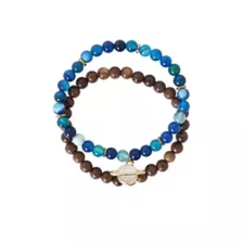 Multi-Pack Blue Agate and Wood Beaded Bracelets - 2 Pack at Spencer's