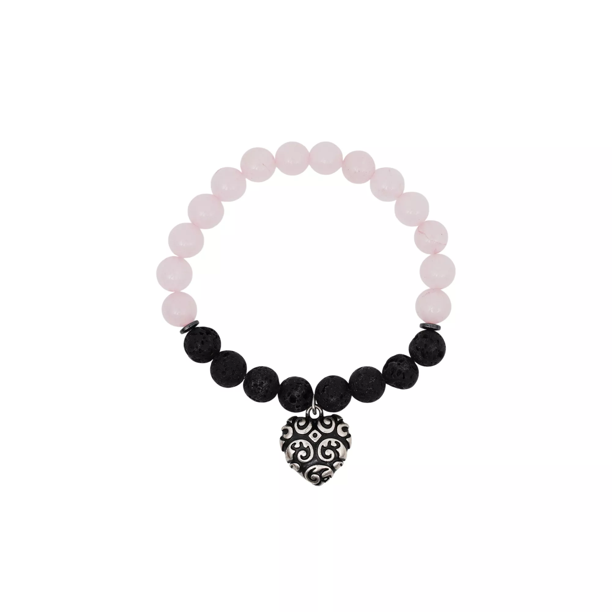 Rose Quartz Black Heart Charm Bracelet