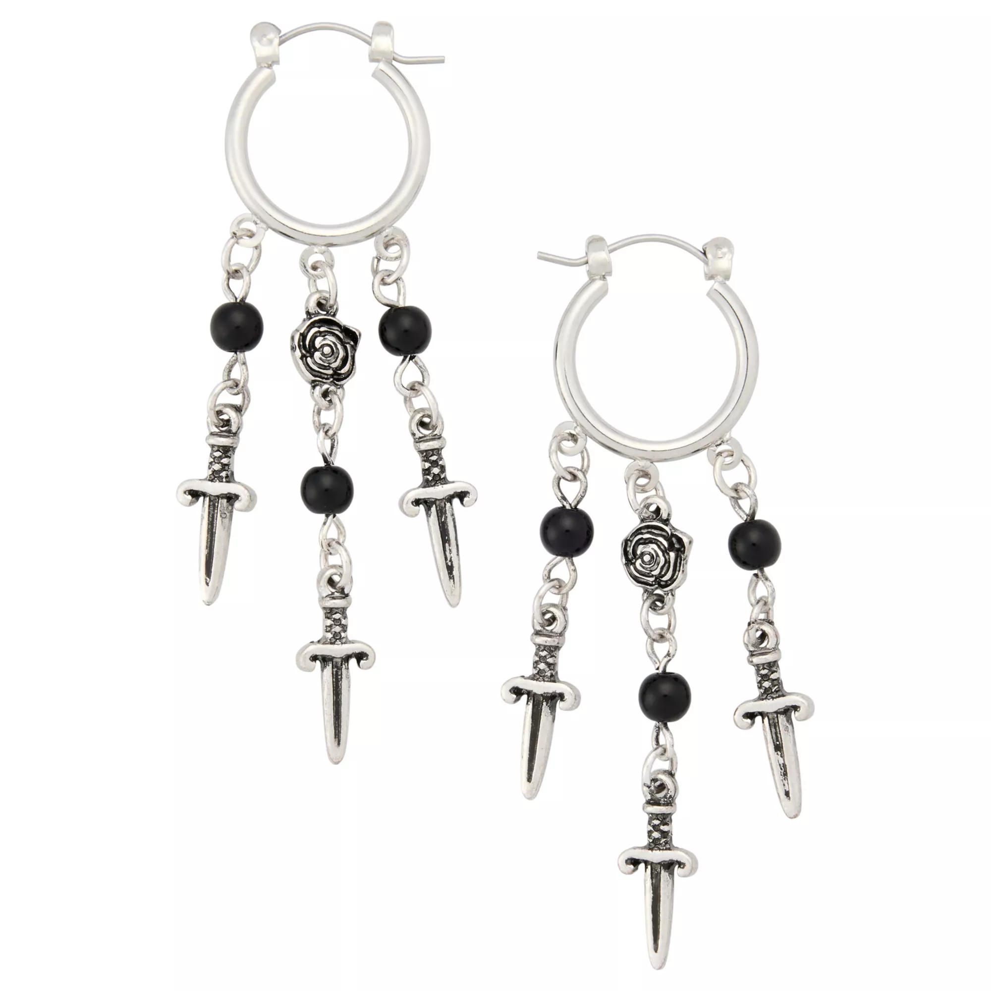 Rose and Dagger Dangle Hoop Earrings