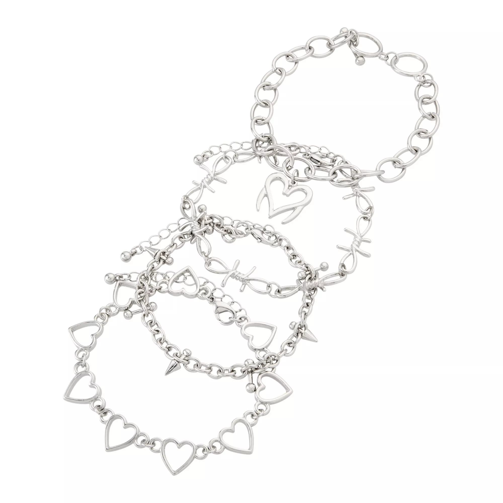 Multi-Pack Heart Spike Barb Chain Bracelets - 4 Pack