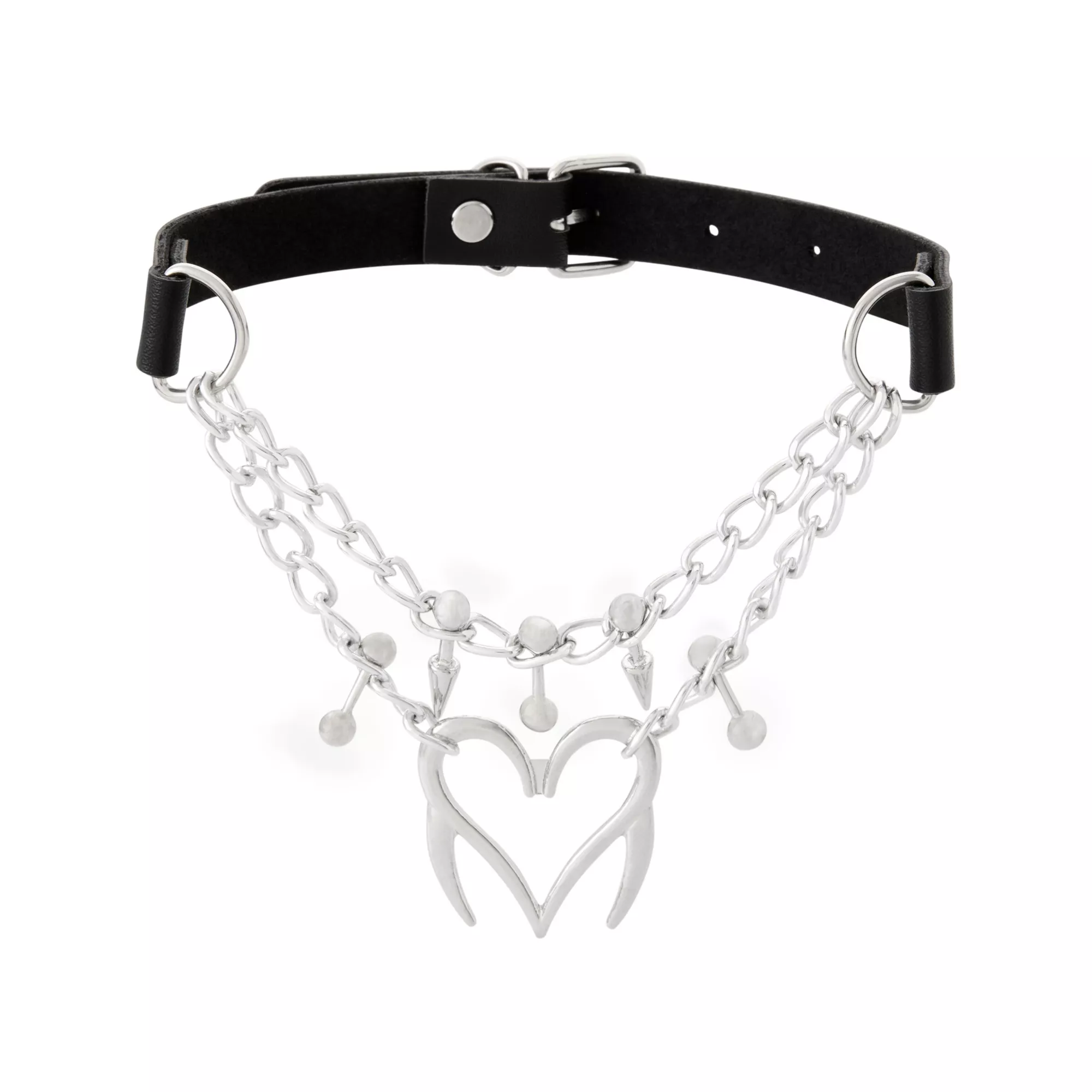 Spike Heart Barbell 2-Row Chain Choker Necklace