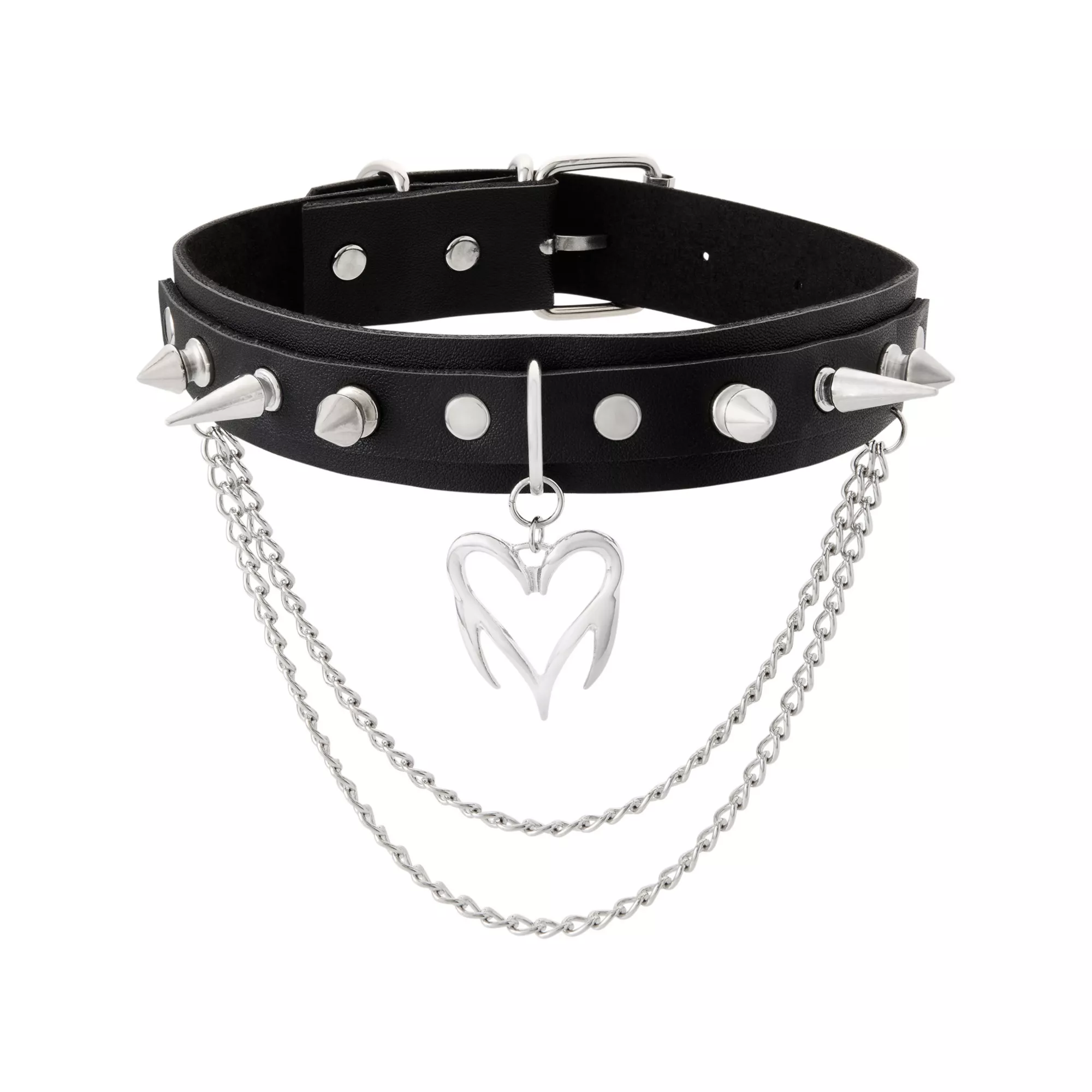 Spike Heart Draped Double Chain Choker Necklace