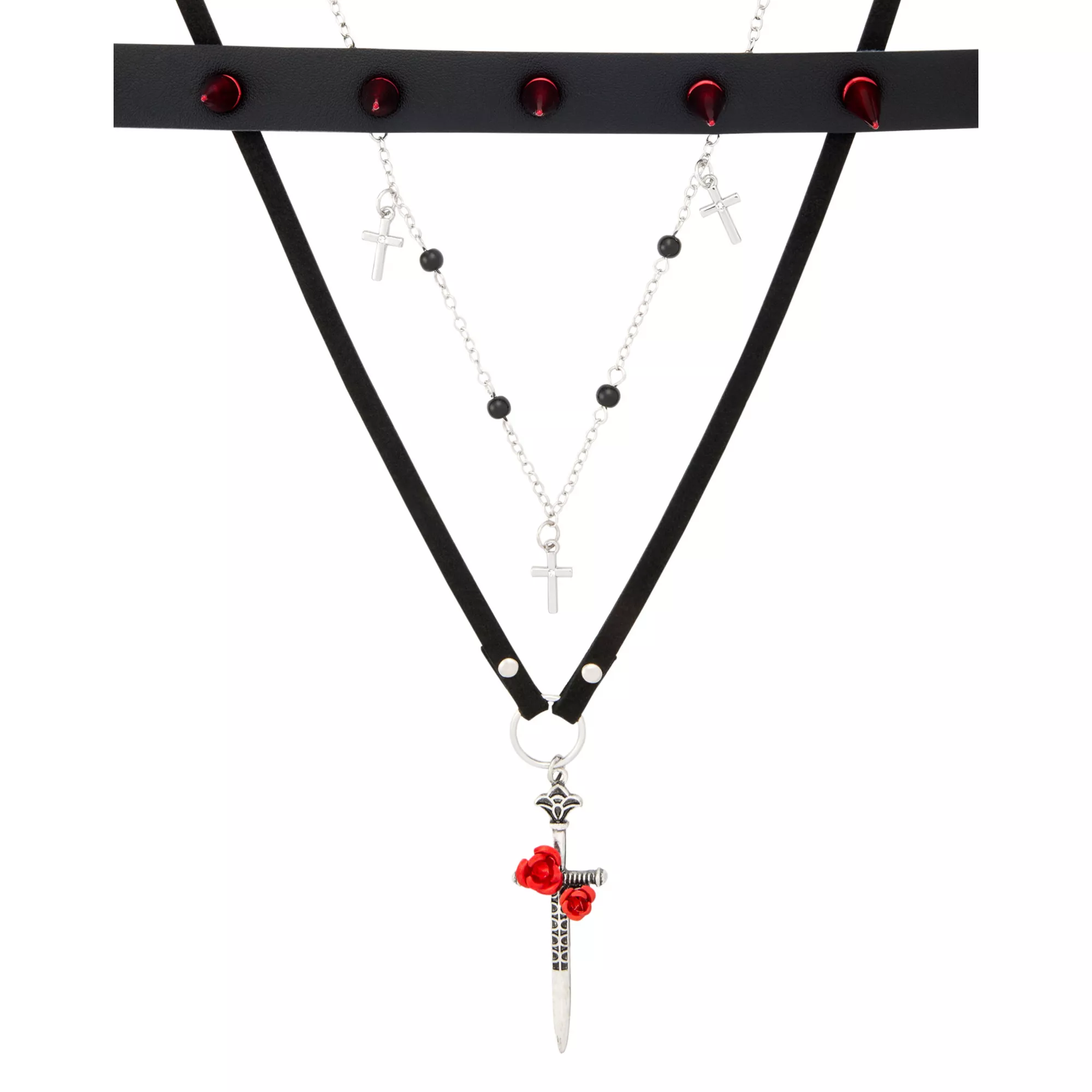 Multi-Pack Red Spike Rose Sword Chain Choker Necklaces - 3 Pack