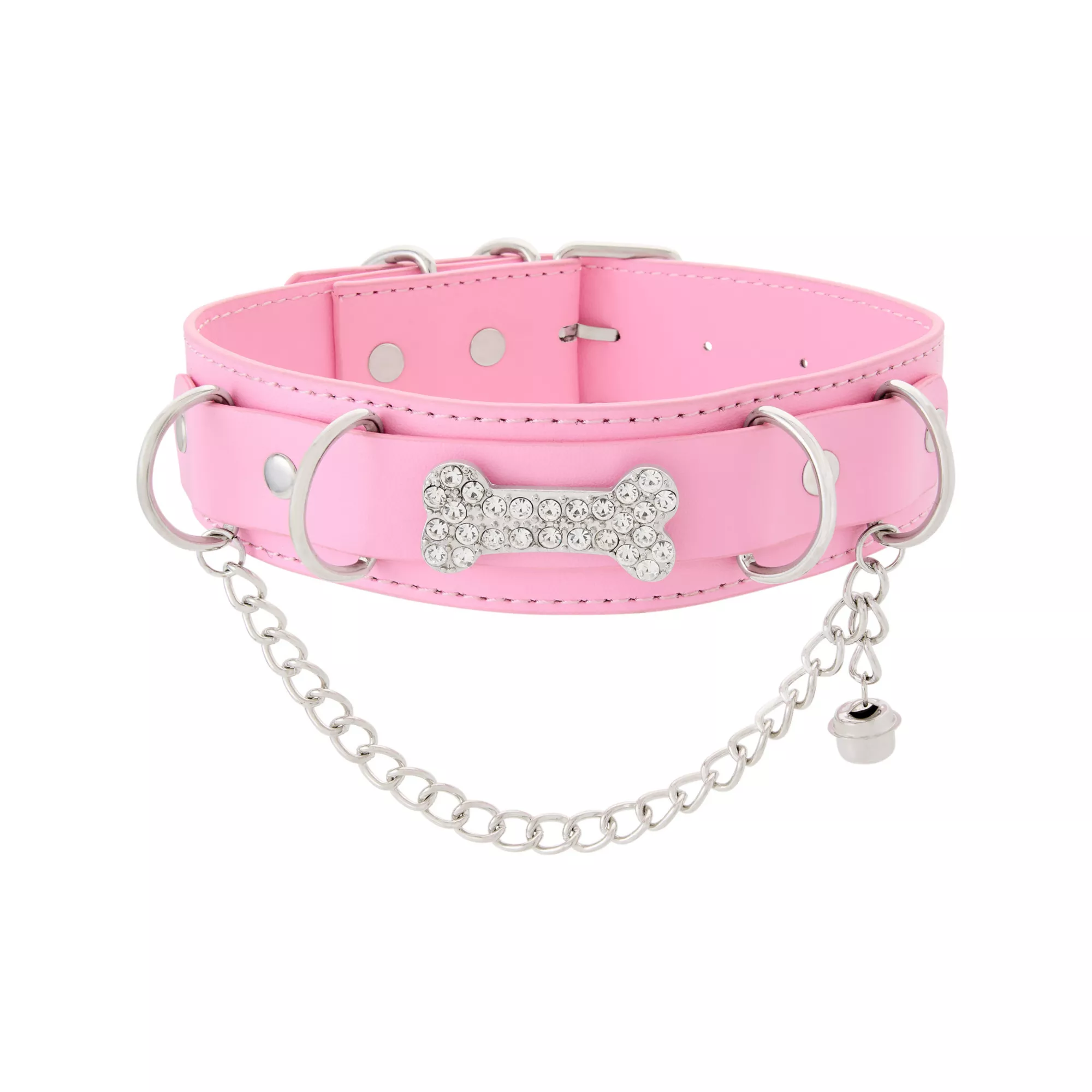 Pink and Silver-Tone Belled Dog Collar Choker Necklace