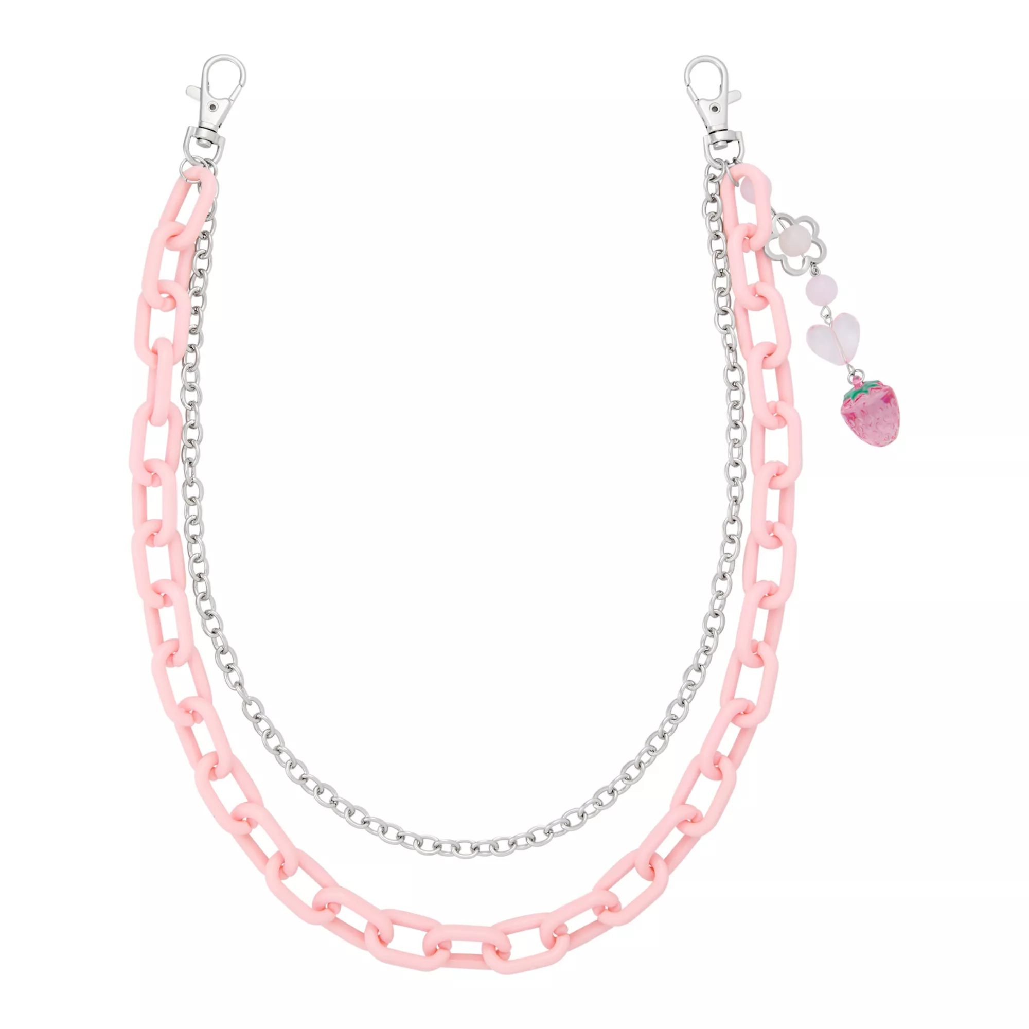 Strawberry Heart Pink and Silver-Tone 2-Row Wallet Chain