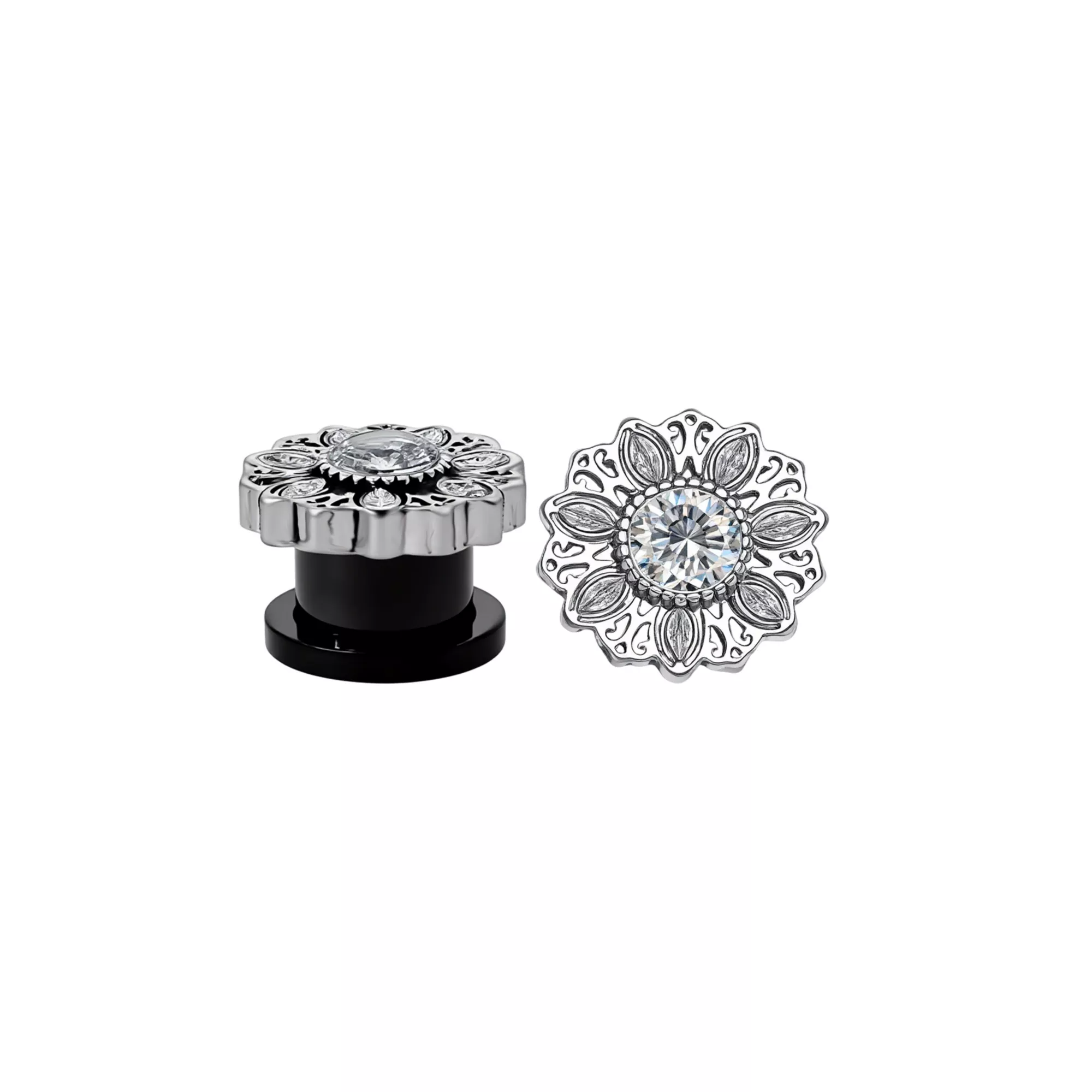 CZ Silver-Tone Titanium Flower Screw Fit Plugs at Spencer's