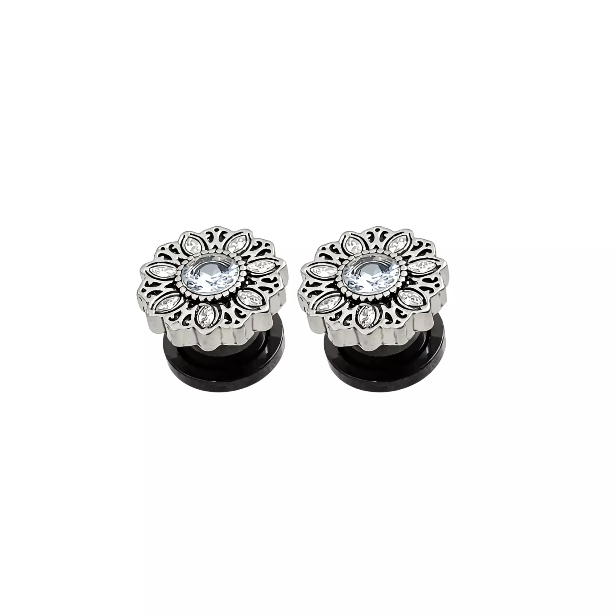 CZ Silver-Tone Titanium Flower Screw Fit Plugs at Spencer's