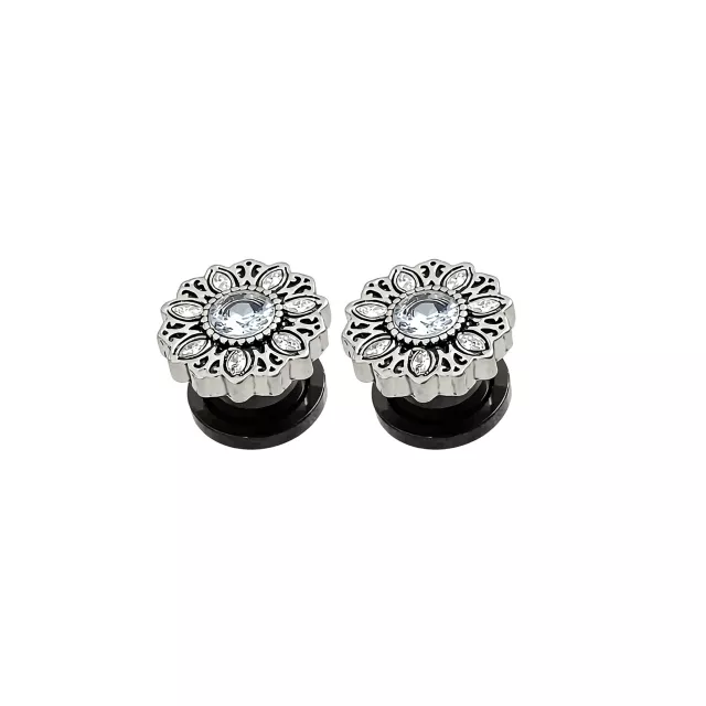 CZ Silver-Tone Titanium Flower Screw Fit Plugs at Spencer's