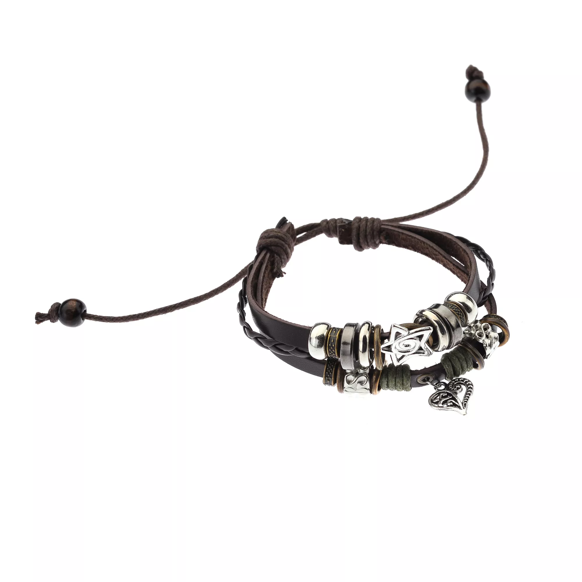 Brown Star and Heart Charm Layered Cord Bracelet