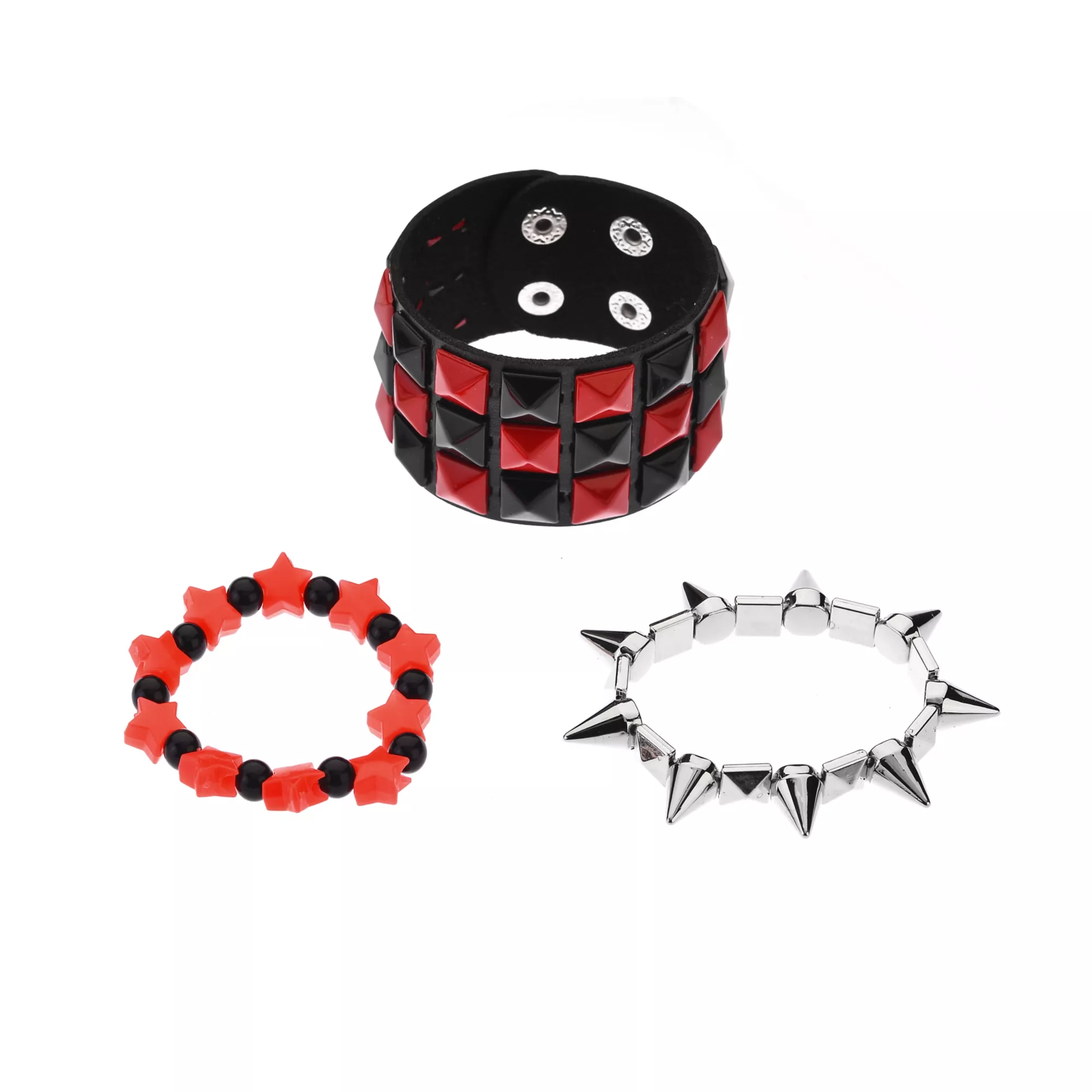 Multi-Pack Black and Red Star Spike Bracelets - 3 Pack