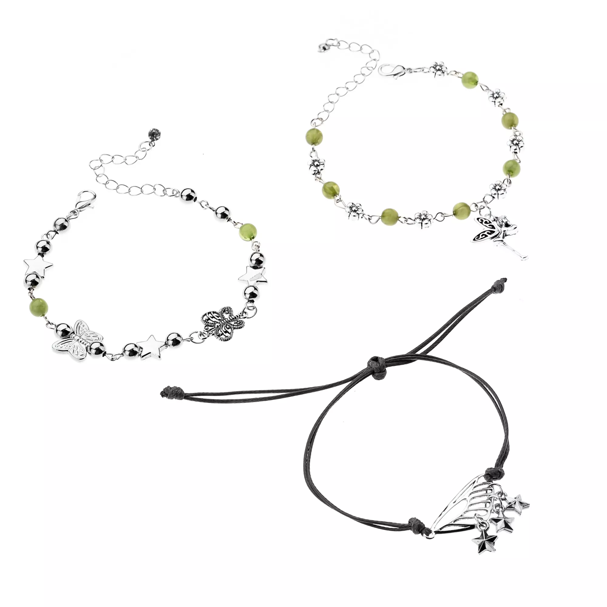Multi-Pack Green and Silver-Tone Fairycore Bracelets - 3 Pack