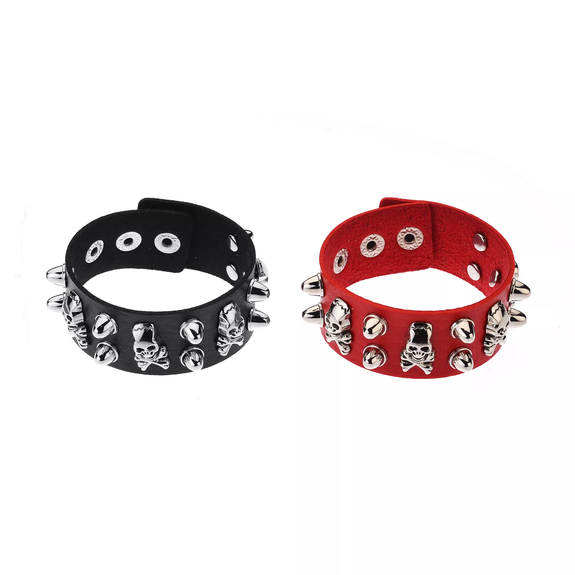 Black and Red Spiked Skull Cuff Bracelets - 2 Pack