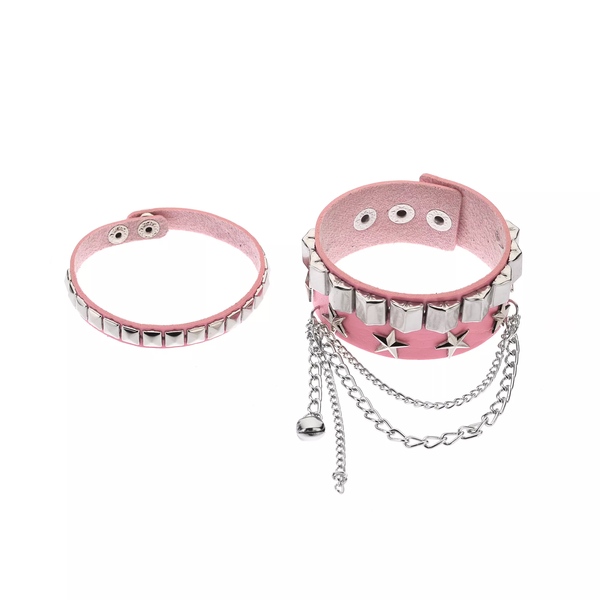 Pink and Silver-Tone Studded Star Chain Cuff Bracelets - 2 Pack