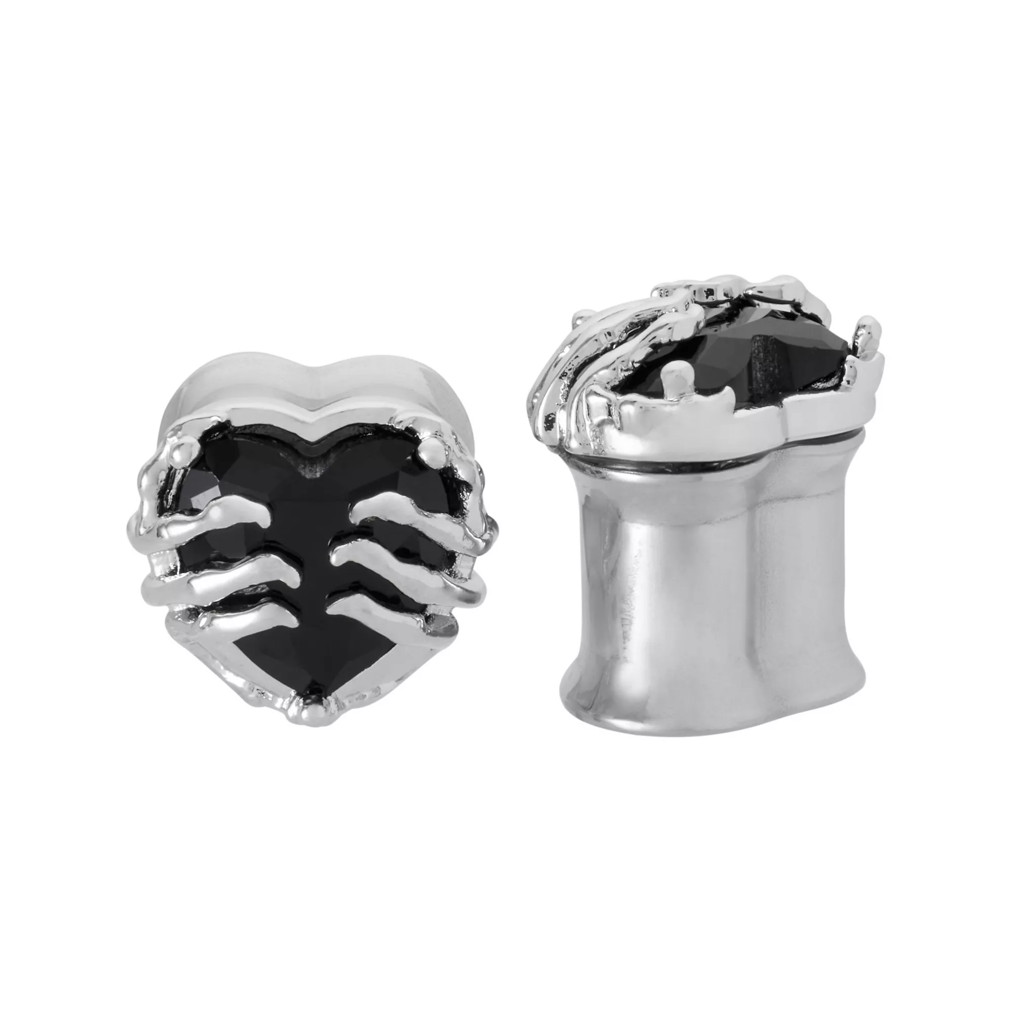 Black Glass Skeletal Hand Heart Silver-Tone Plugs at Spencer's