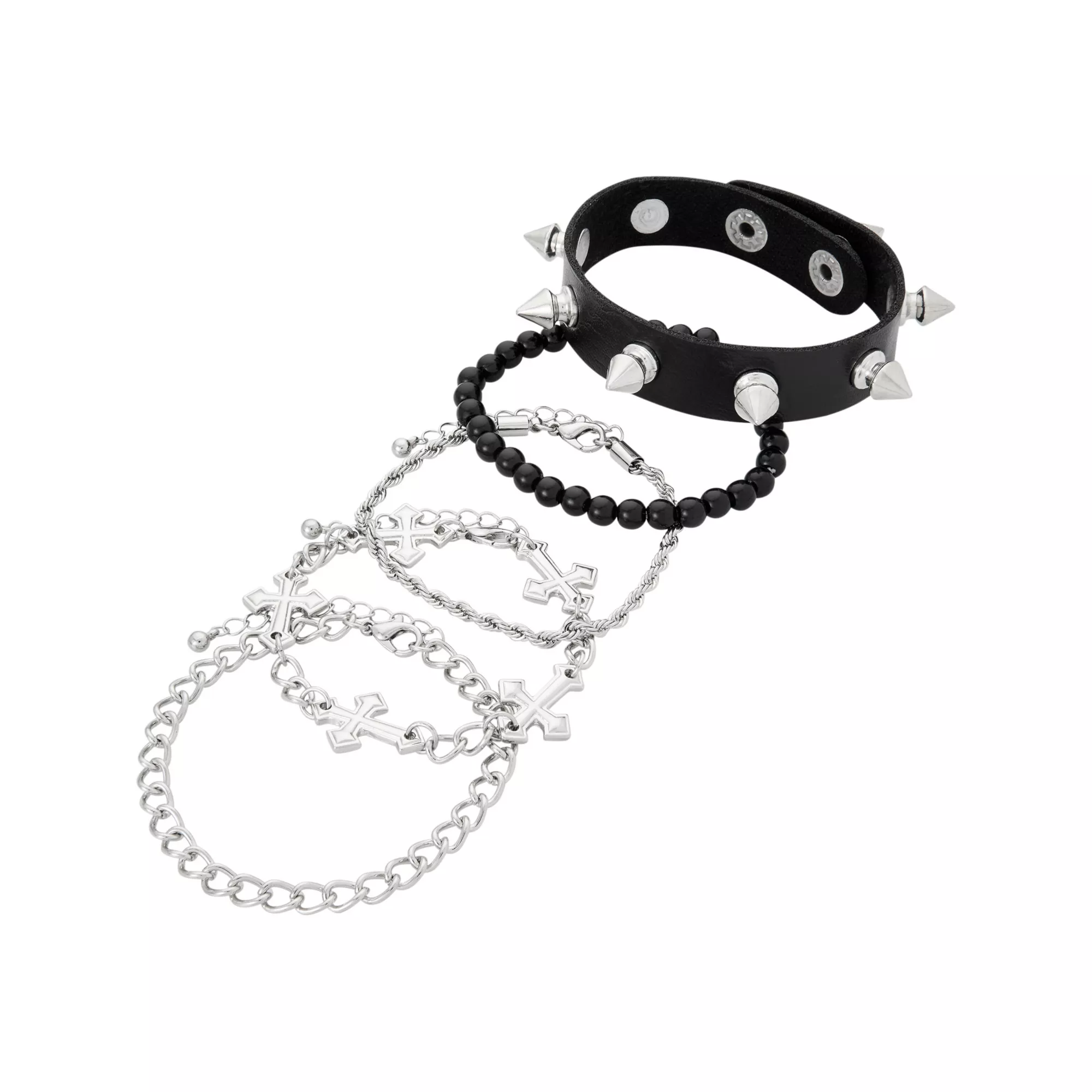 Multi-Pack Beaded Cross Chain and Spiked Cuff Bracelets - 5 Pack