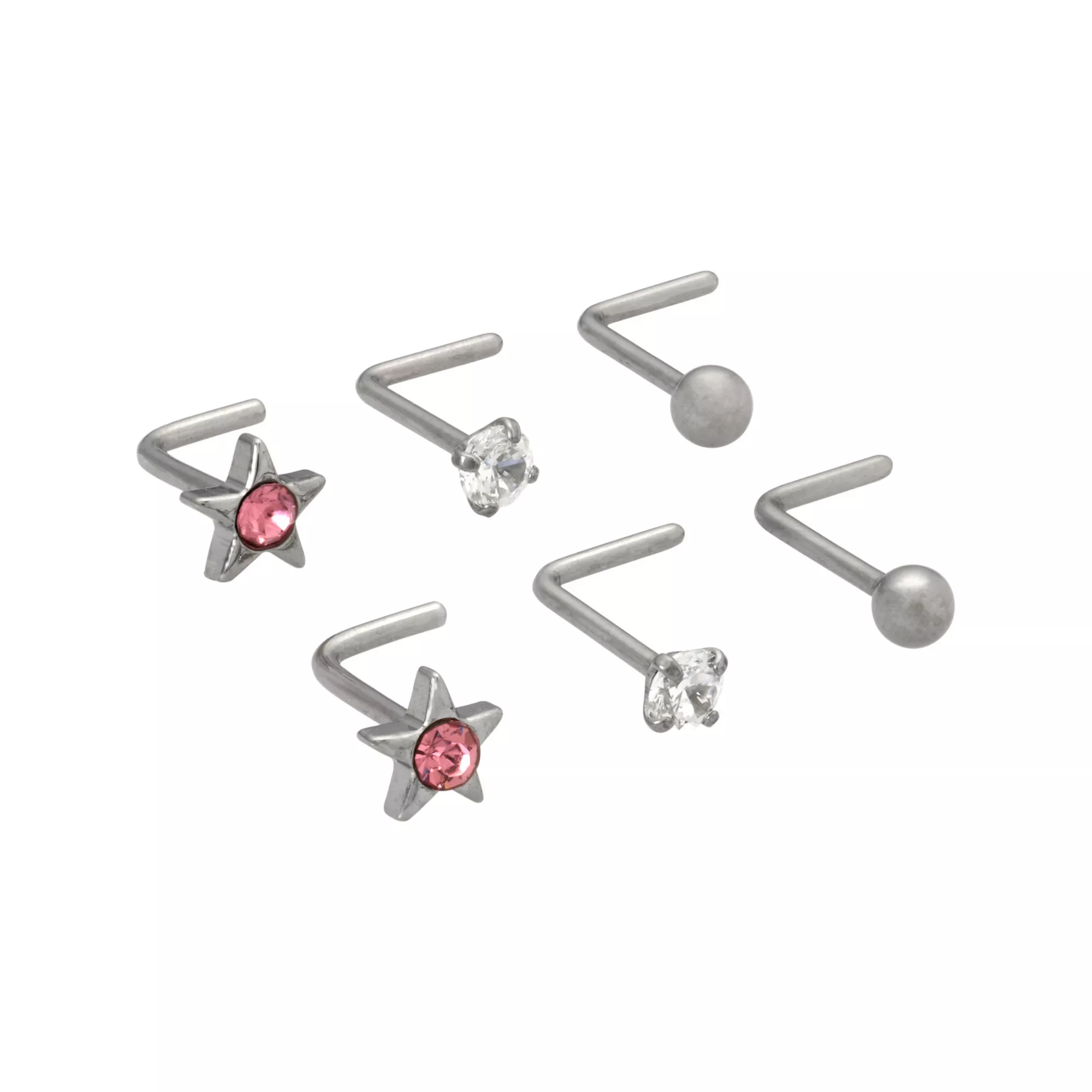 Multi-Pack ASTM F-136 Titanium CZ Star L-Bend Nose Rings 6 Pack - 20 Gauge at Spencer's