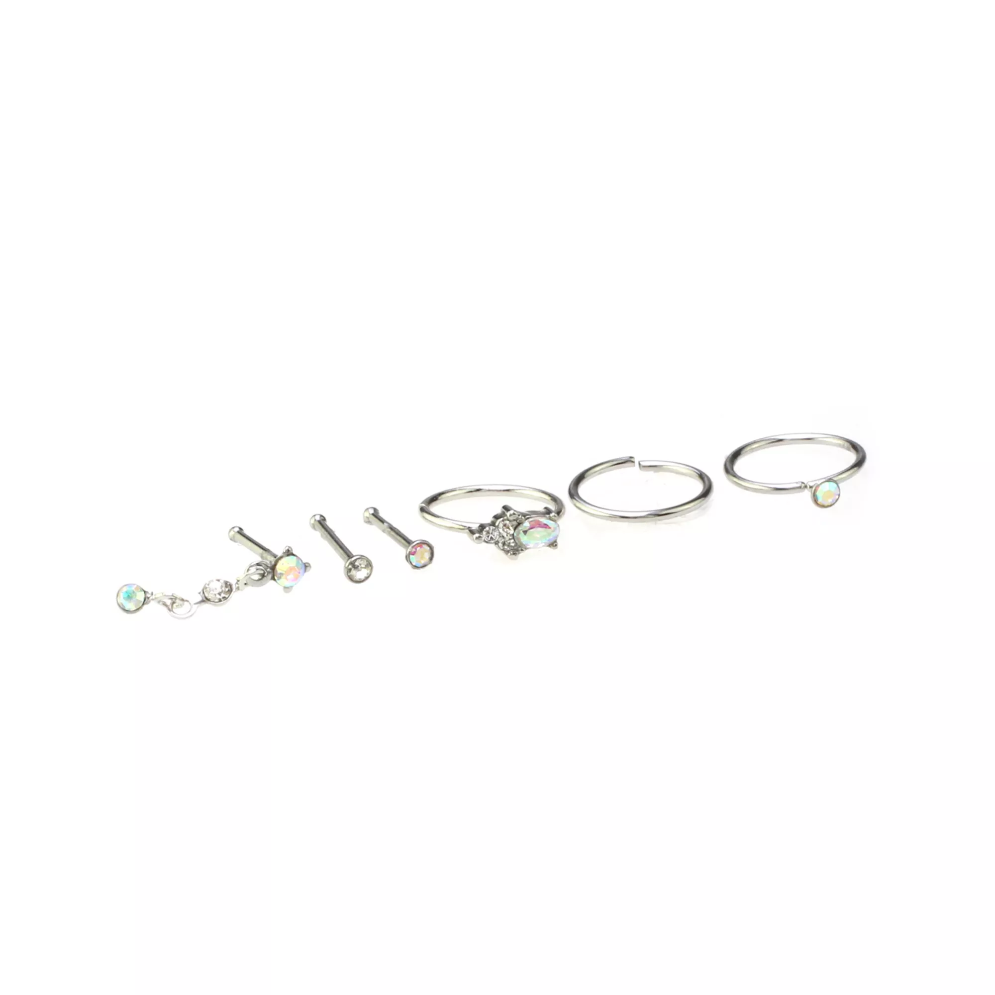 Multi-Pack Aurora Borealis Effect Nose Pins and Hoop Nose Rings 6 Pack - 20 Gauge