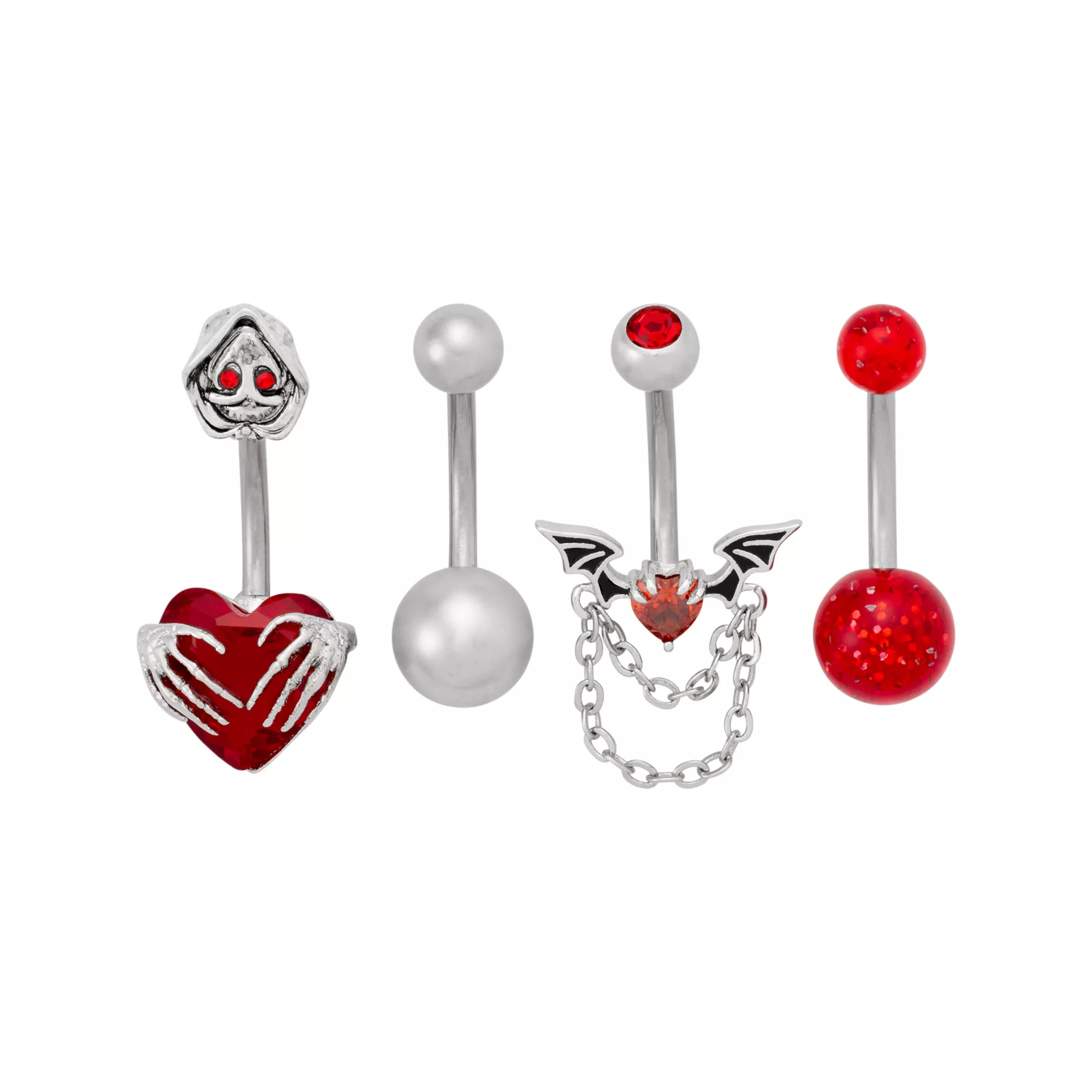 Multi-Pack Titanium Bat and Heart Hands Belly Rings 4 Pack - 14 Gauge at Spencer's