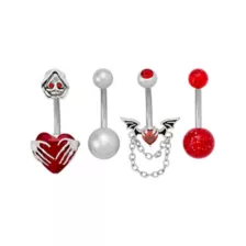 Multi-Pack Titanium Bat and Heart Hands Belly Rings 4 Pack - 14 Gauge at Spencer's