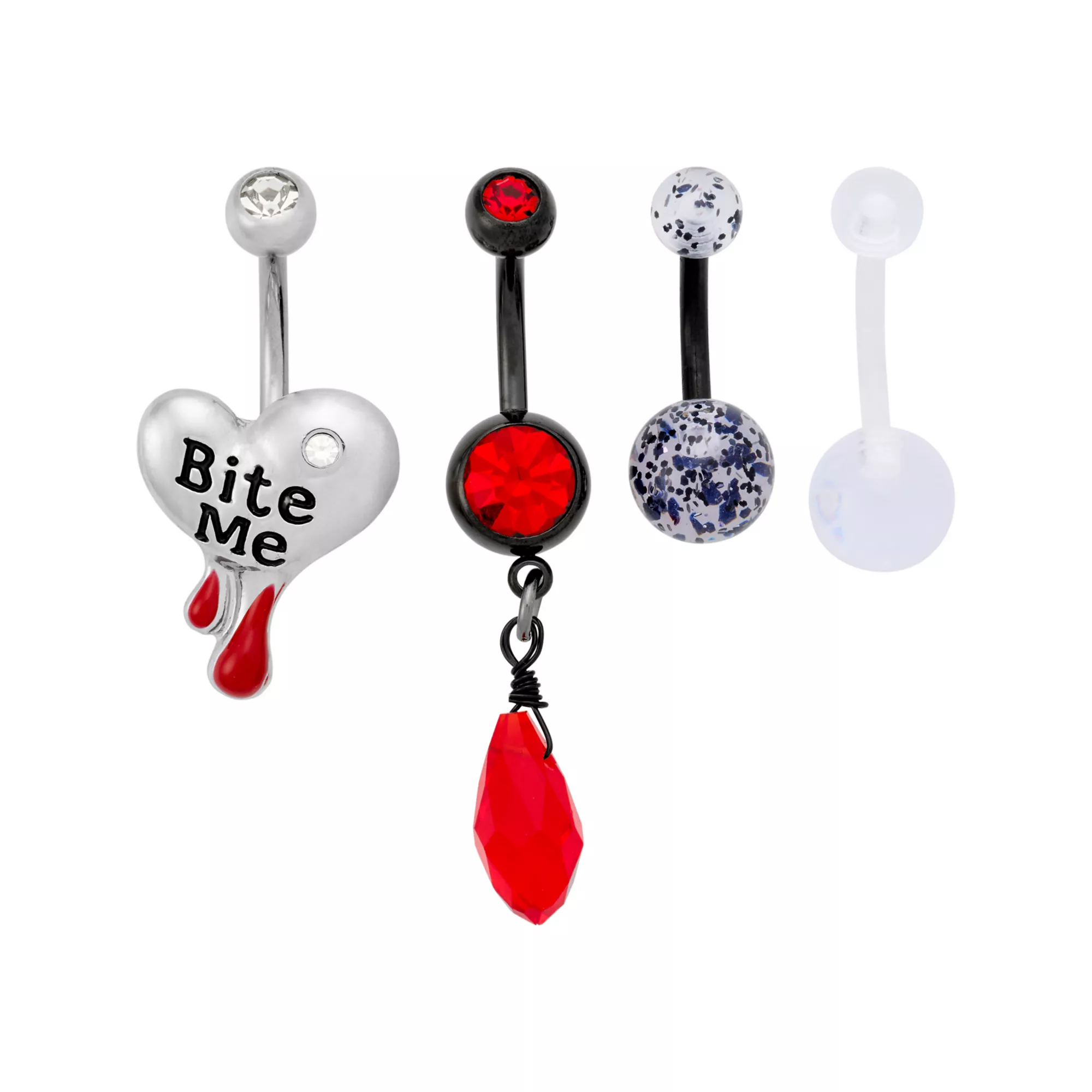 Multi-Pack Titanium Bite Me Heart Belly Rings 4 Pack - 14 Gauge at Spencer's