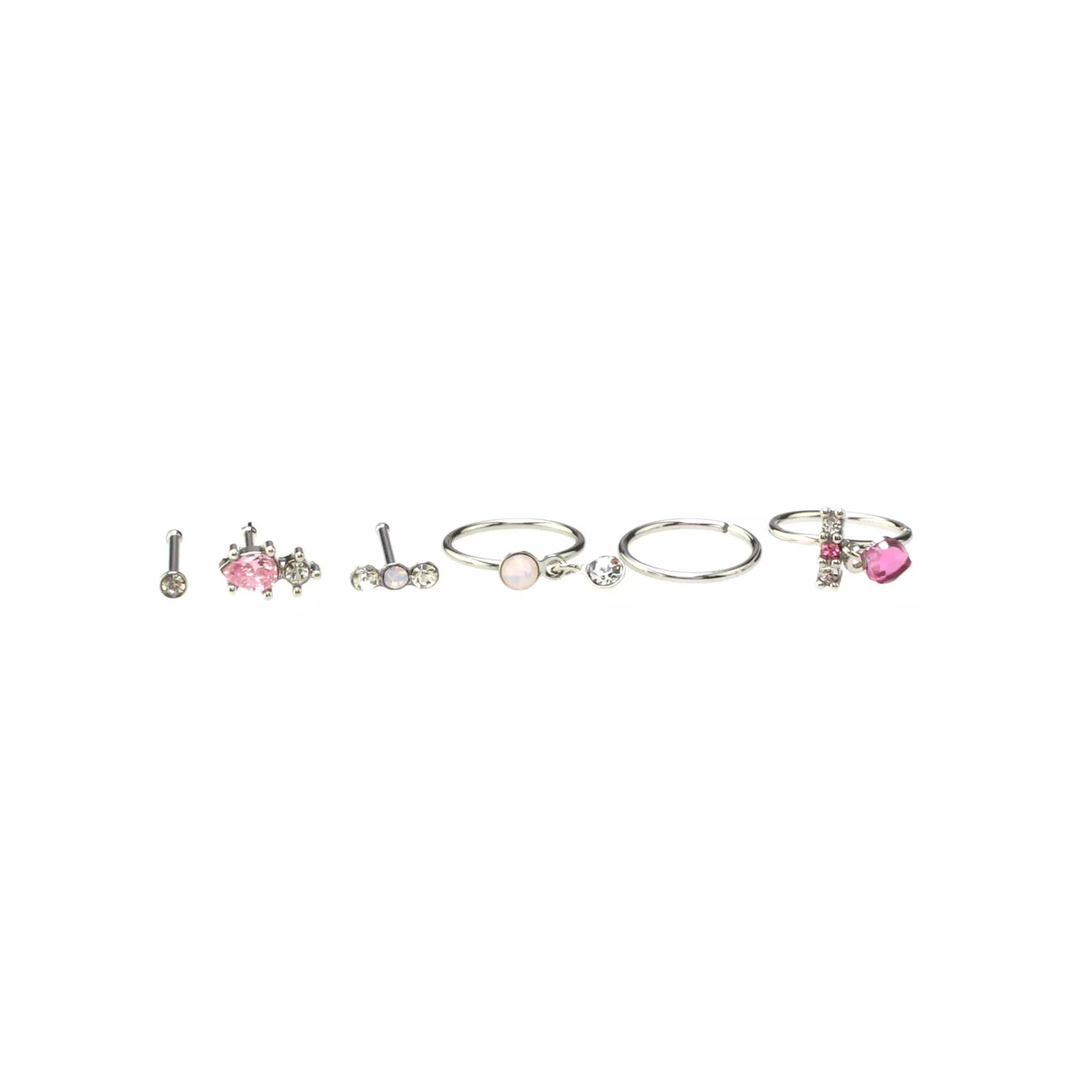 Multi-Pack Clear Pink CZ and Rose Water Opal Silver-Tone Nose Pins and Hoops 6 Pack - 20 Gauge