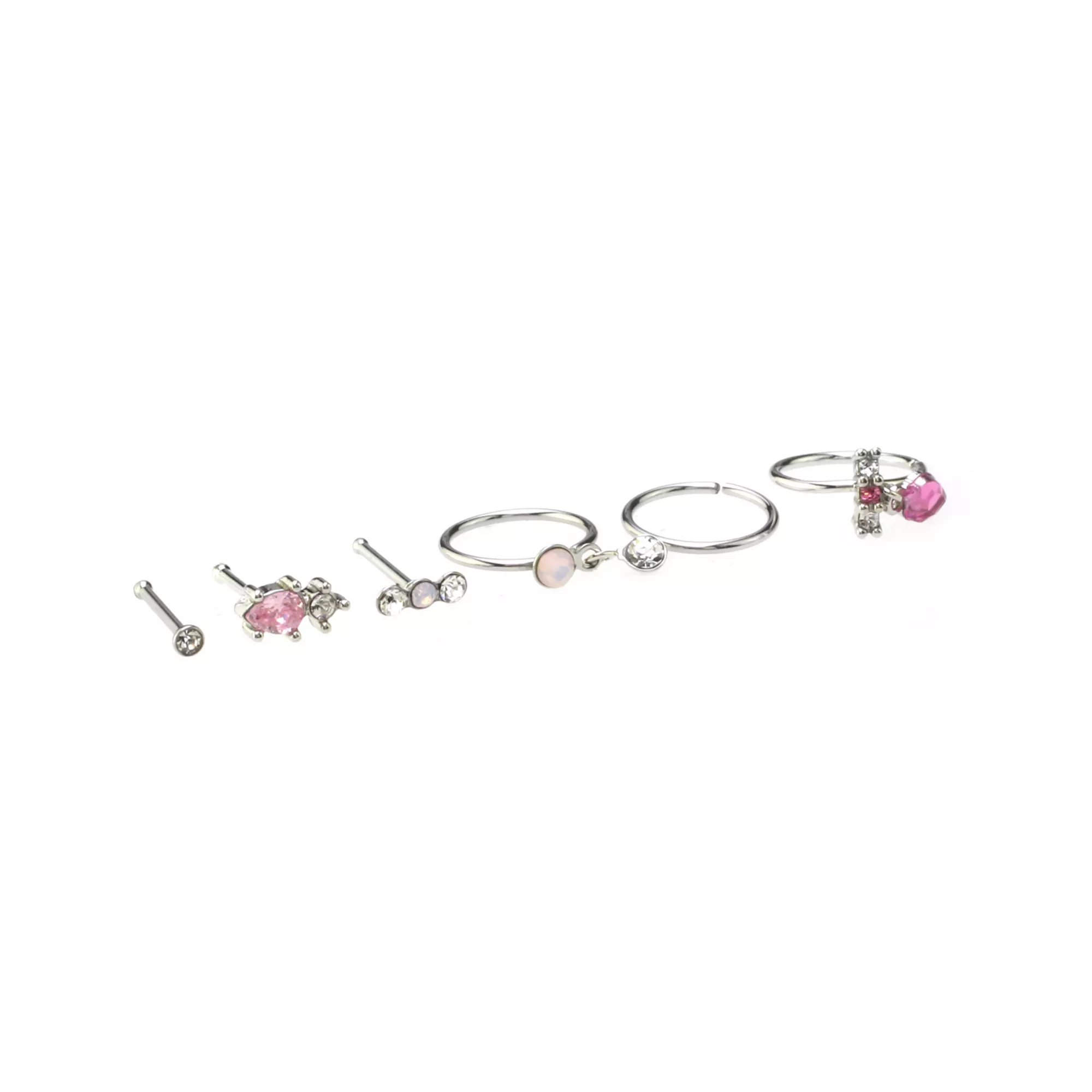 Multi-Pack Clear Pink CZ and Rose Water Opal Silver-Tone Nose Pins and Hoops 6 Pack - 20 Gauge