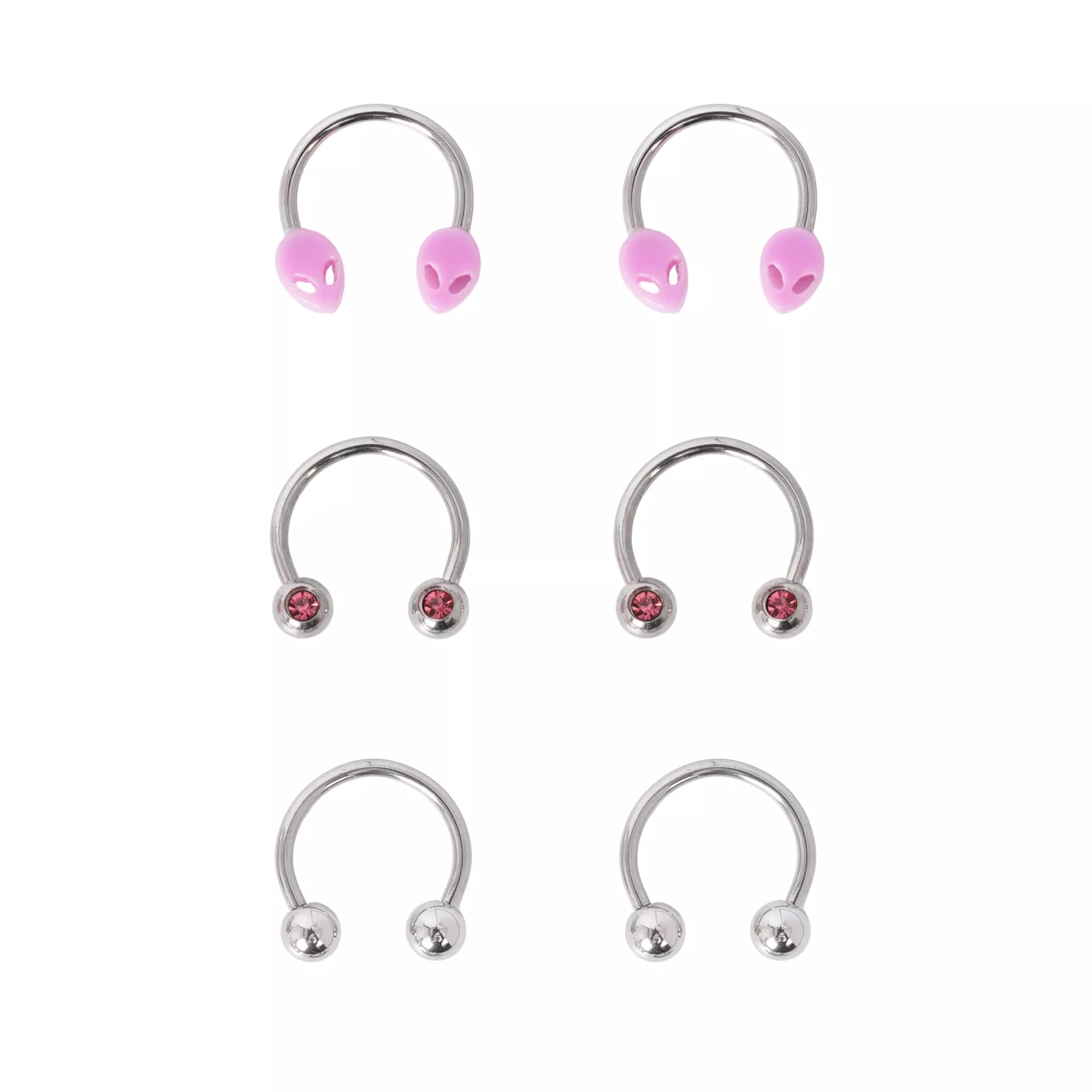 Multi-Pack Pink CZ Alien Silver-Tone Horseshoe Rings 3 Pack - 16 Gauge