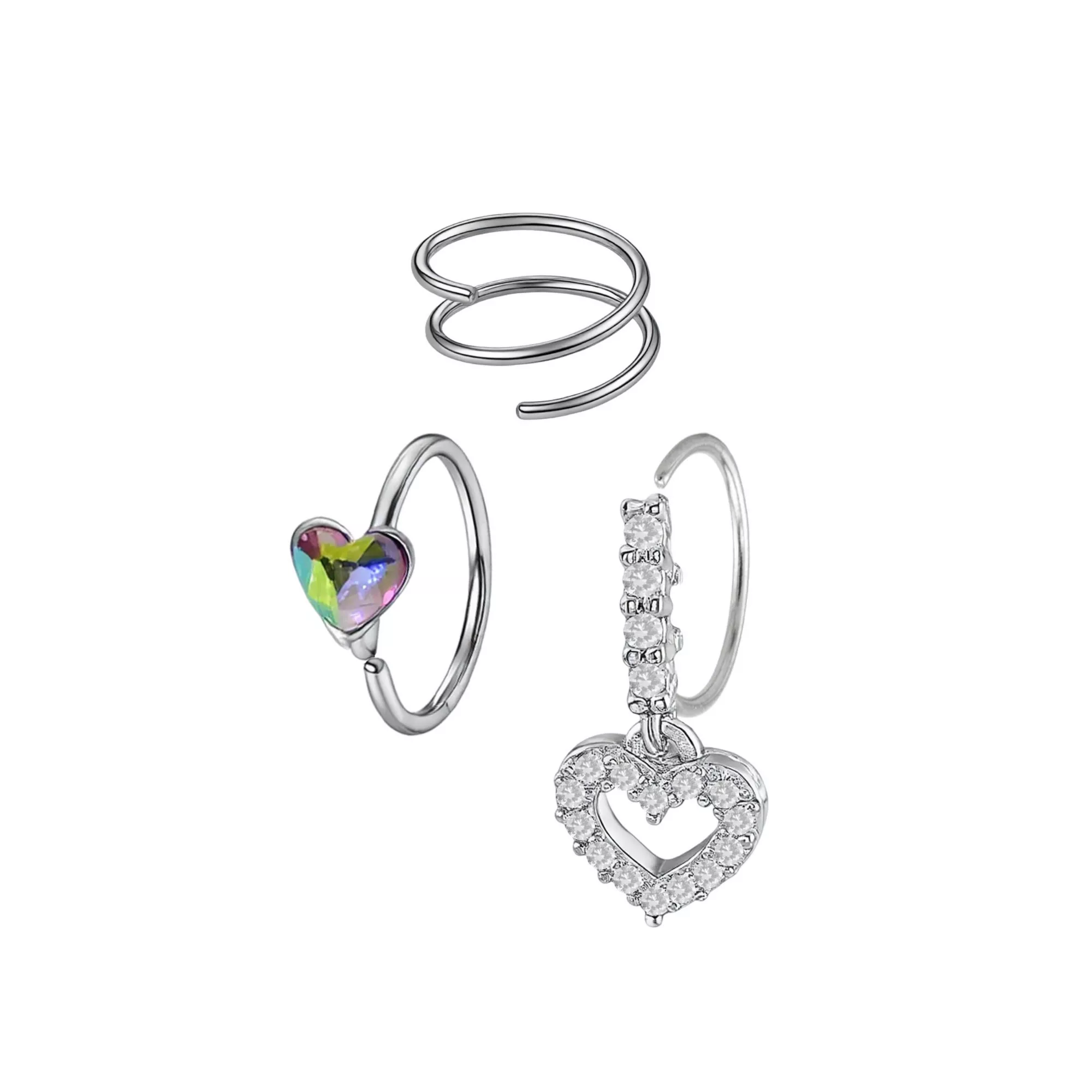 Multi-Pack Iridescent Clear CZ Heart Silver-Tone Titanium Nose Hoops 3 Pack - 20 Gauge at Spencer's
