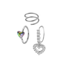 Multi-Pack Iridescent Clear CZ Heart Silver-Tone Titanium Nose Hoops 3 Pack - 20 Gauge at Spencer's