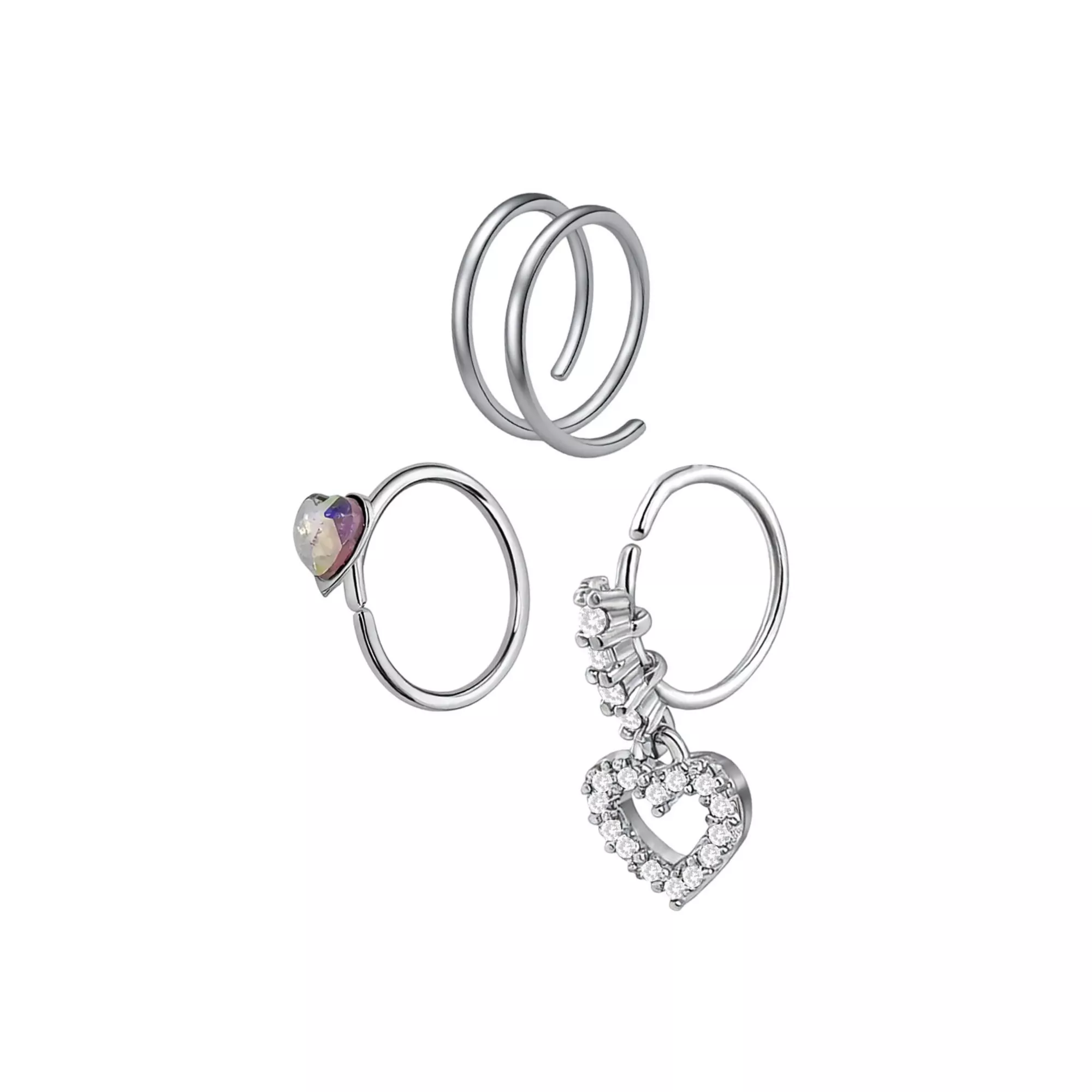 Multi-Pack Iridescent Clear CZ Heart Silver-Tone Titanium Nose Hoops 3 Pack - 20 Gauge at Spencer's