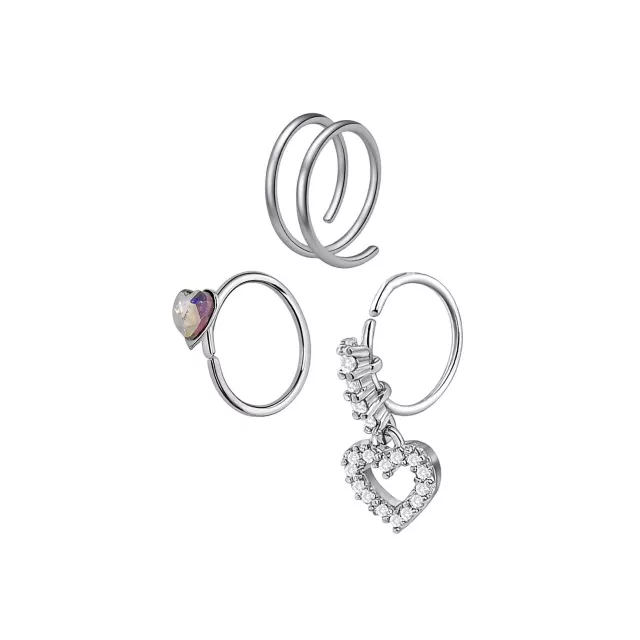 Multi-Pack Iridescent Clear CZ Heart Silver-Tone Titanium Nose Hoops 3 Pack - 20 Gauge at Spencer's