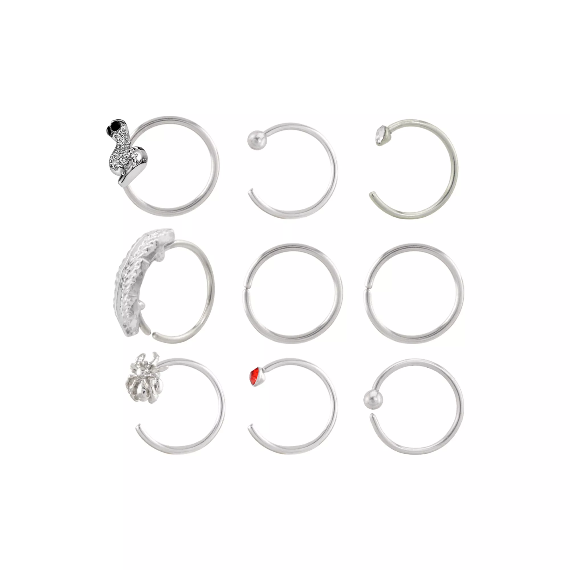 Multi-Pack Red and Clear CZ Creature Silver-Tone Titanium Nose Hoops 9 Pack - 20 Gauge at Spencer's