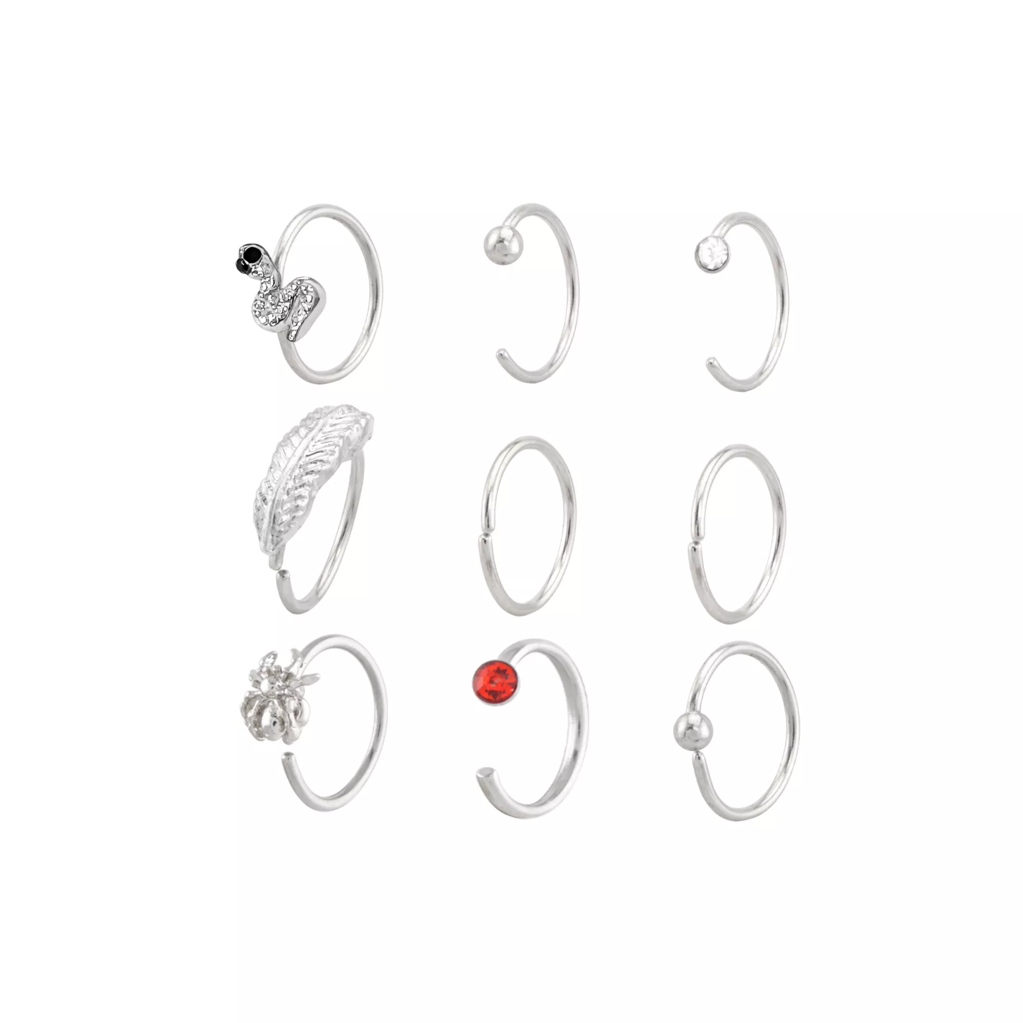 Multi-Pack Red and Clear CZ Creature Silver-Tone Titanium Nose Hoops 9 Pack - 20 Gauge at Spencer's