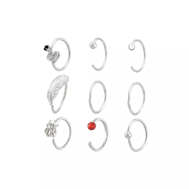Multi-Pack Red and Clear CZ Creature Silver-Tone Titanium Nose Hoops 9 Pack - 20 Gauge at Spencer's