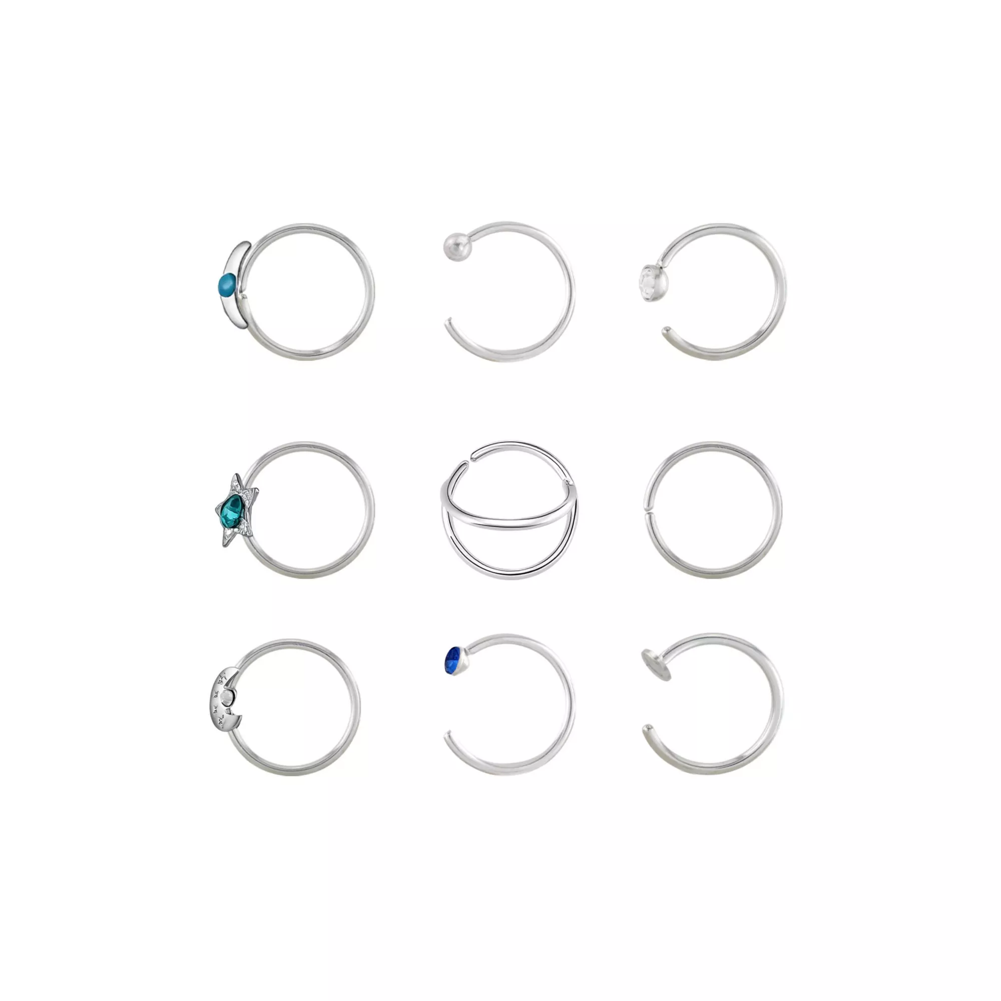 Multi-Pack Turquoise-Effect and Blue CZ Celestial Silver-Tone Titanium Nose Hoops 9 Pack - 20 Gauge at Spencer's