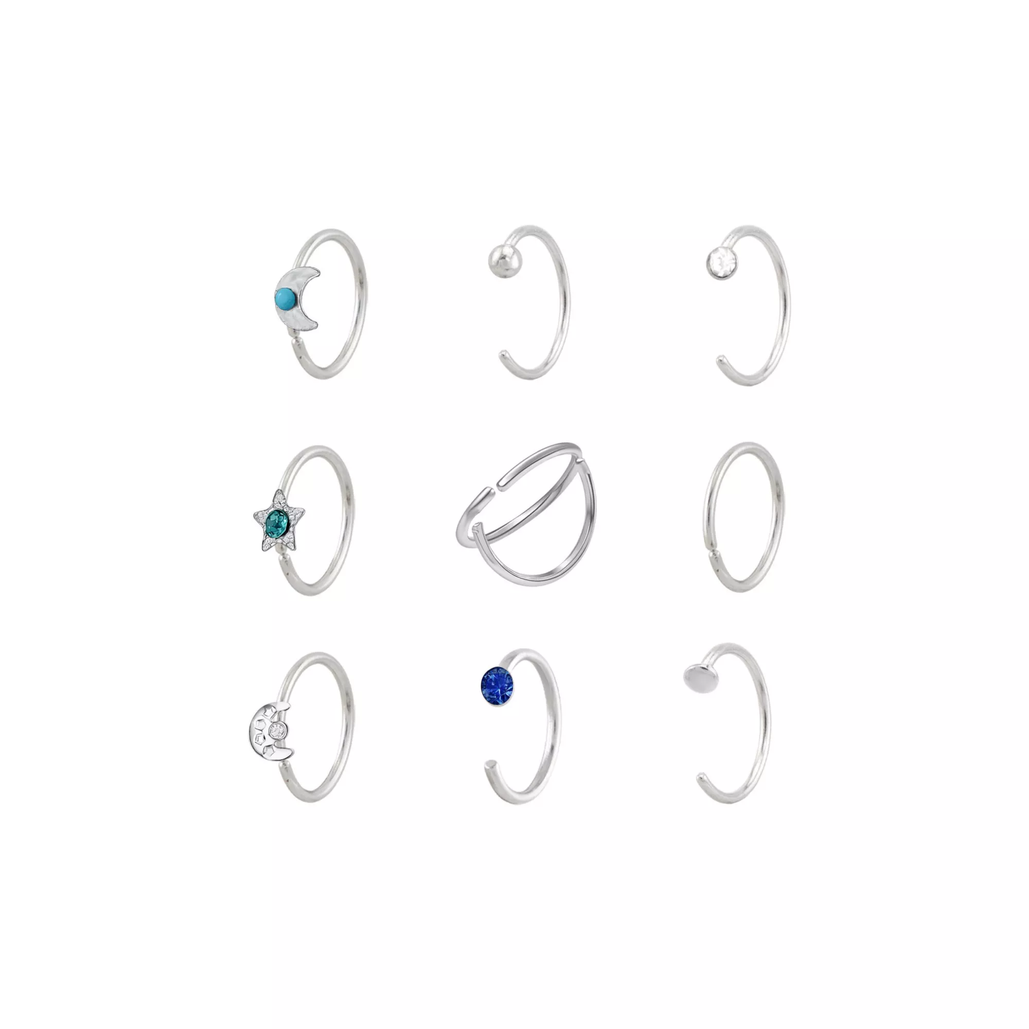 Multi-Pack Turquoise-Effect and Blue CZ Celestial Silver-Tone Titanium Nose Hoops 9 Pack - 20 Gauge at Spencer's