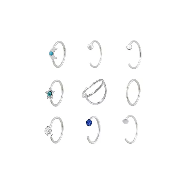 Multi-Pack Turquoise-Effect and Blue CZ Celestial Silver-Tone Titanium Nose Hoops 9 Pack - 20 Gauge at Spencer's