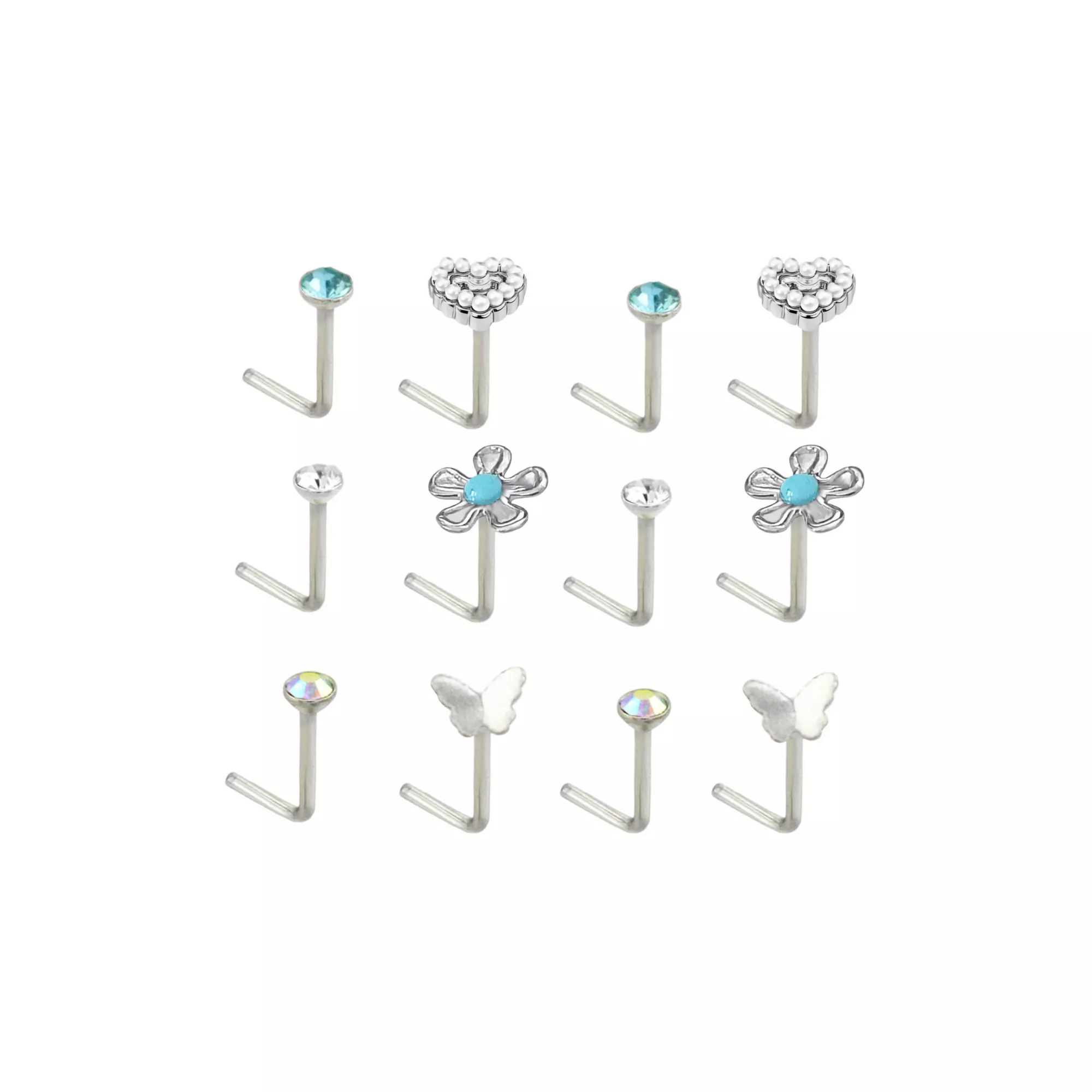 Multi-Pack CZ Heart Flower L-Bend Nose Rings 12 Pack - 20 Gauge